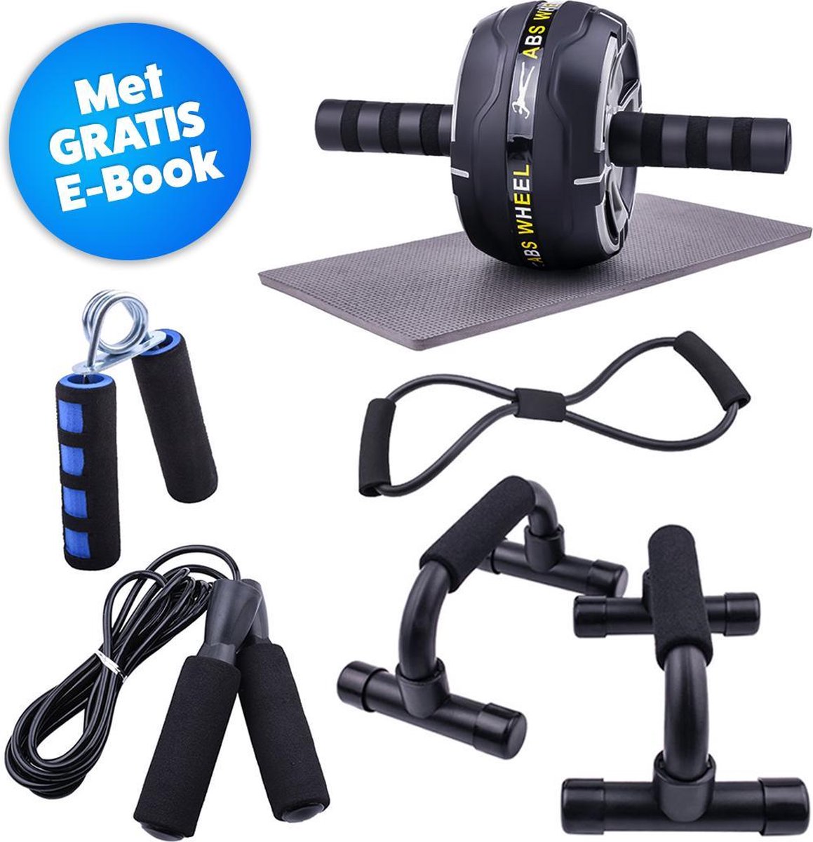 Fitness set thuis 6 in 1 | Ab roller | Springtouw | Resistance band | Fitness mat | Push up grips