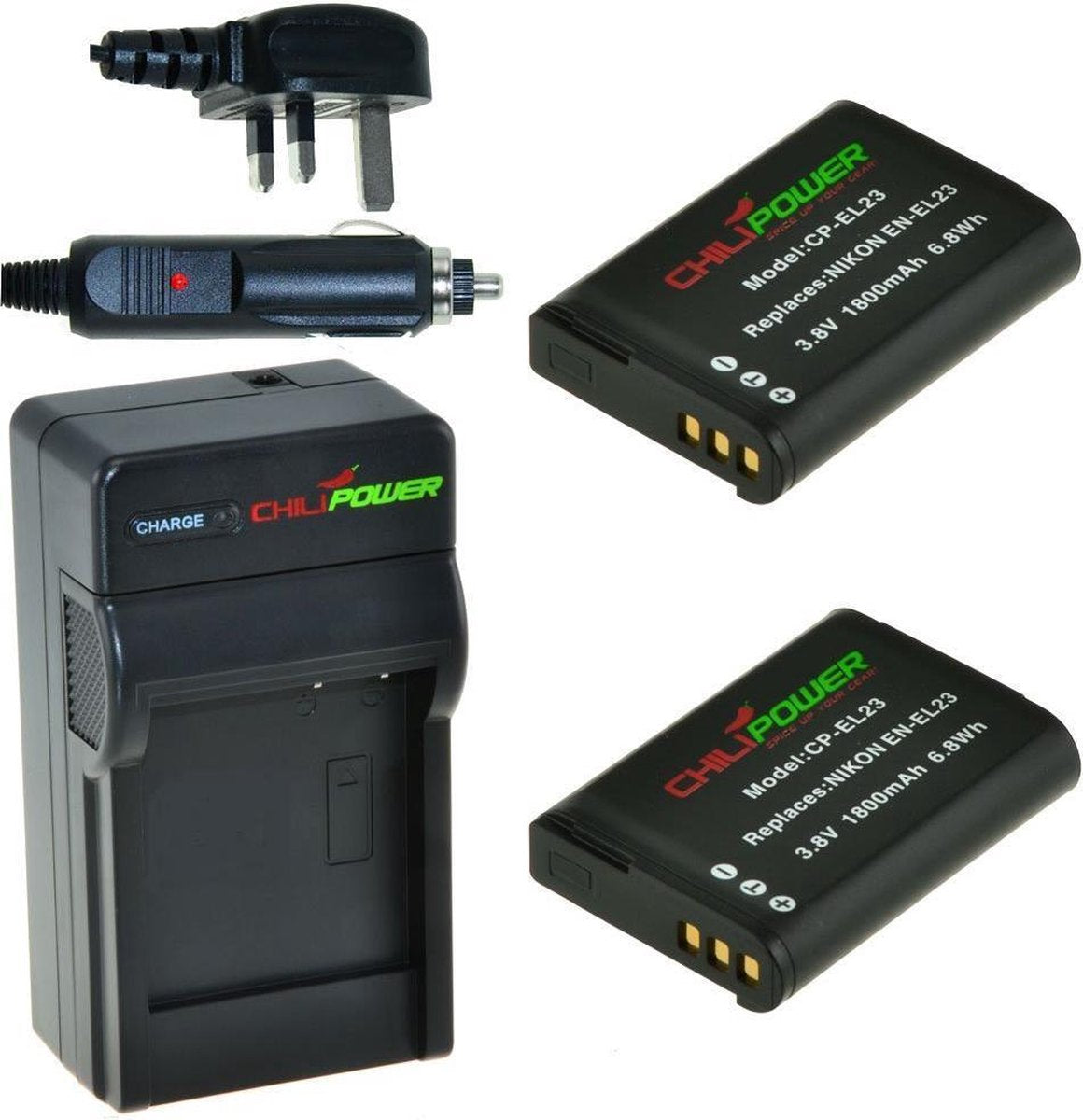 ChiliPower 2 x EN-EL23 accu's voor Nikon - Charger Kit + car-charger - UK versie