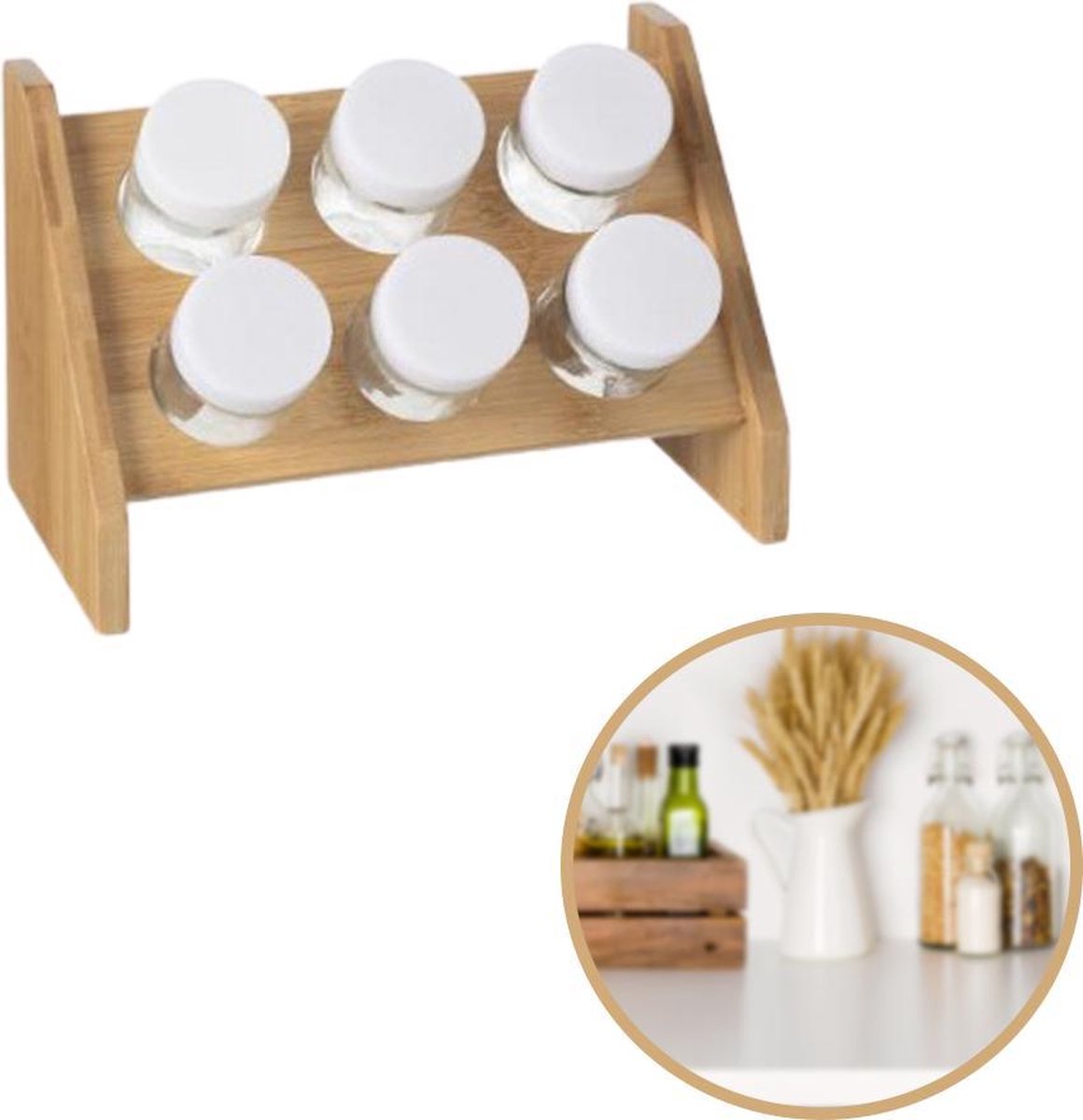 Kruidenrek Bamboe – 6 Kruidenpotjes – Kruidenrekje hout - Kruidenstrooier – Keuken accessoires