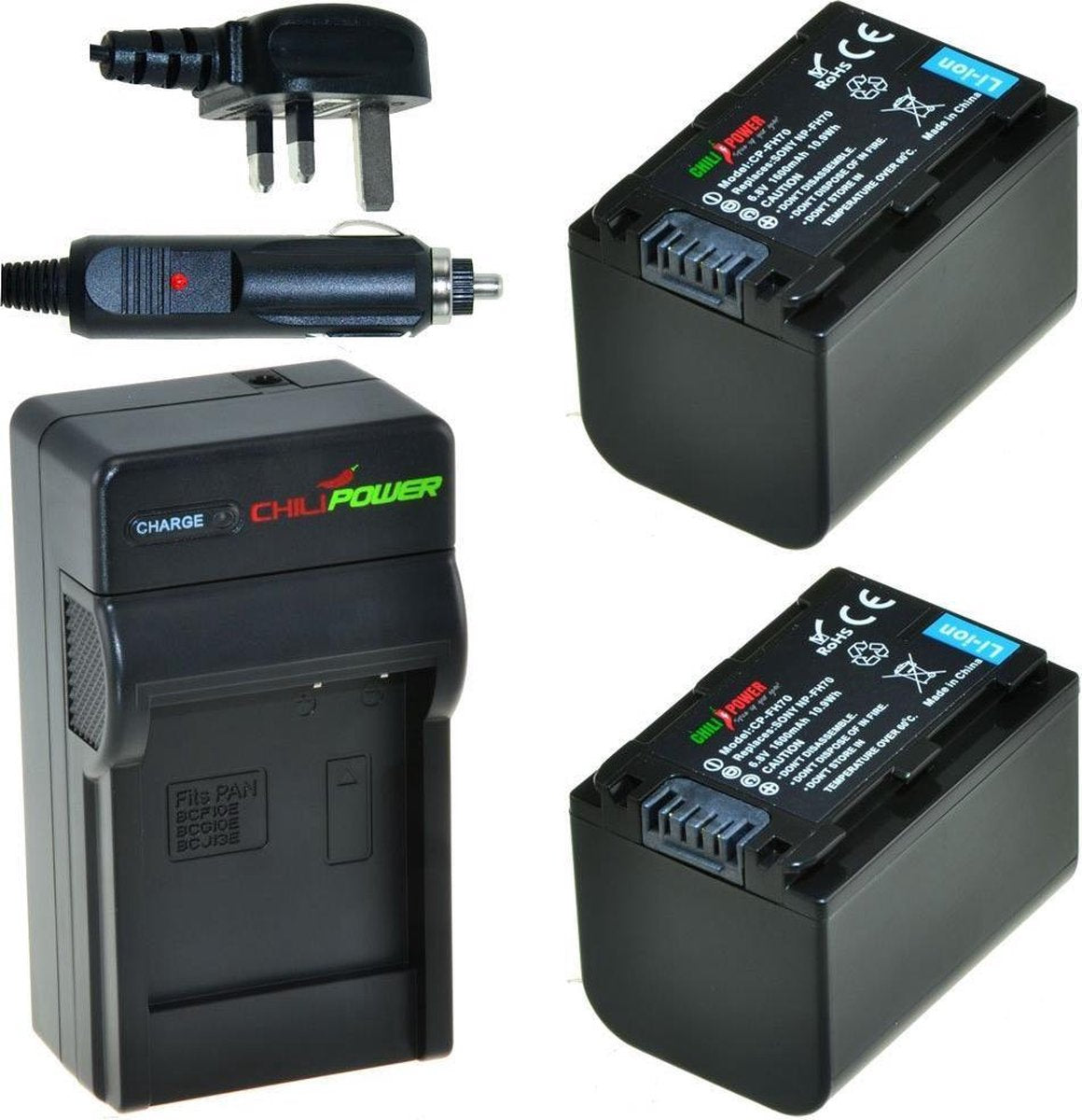 ChiliPower 2 x NP-FH70 accu's voor Sony - Charger Kit + car-charger - UK versie