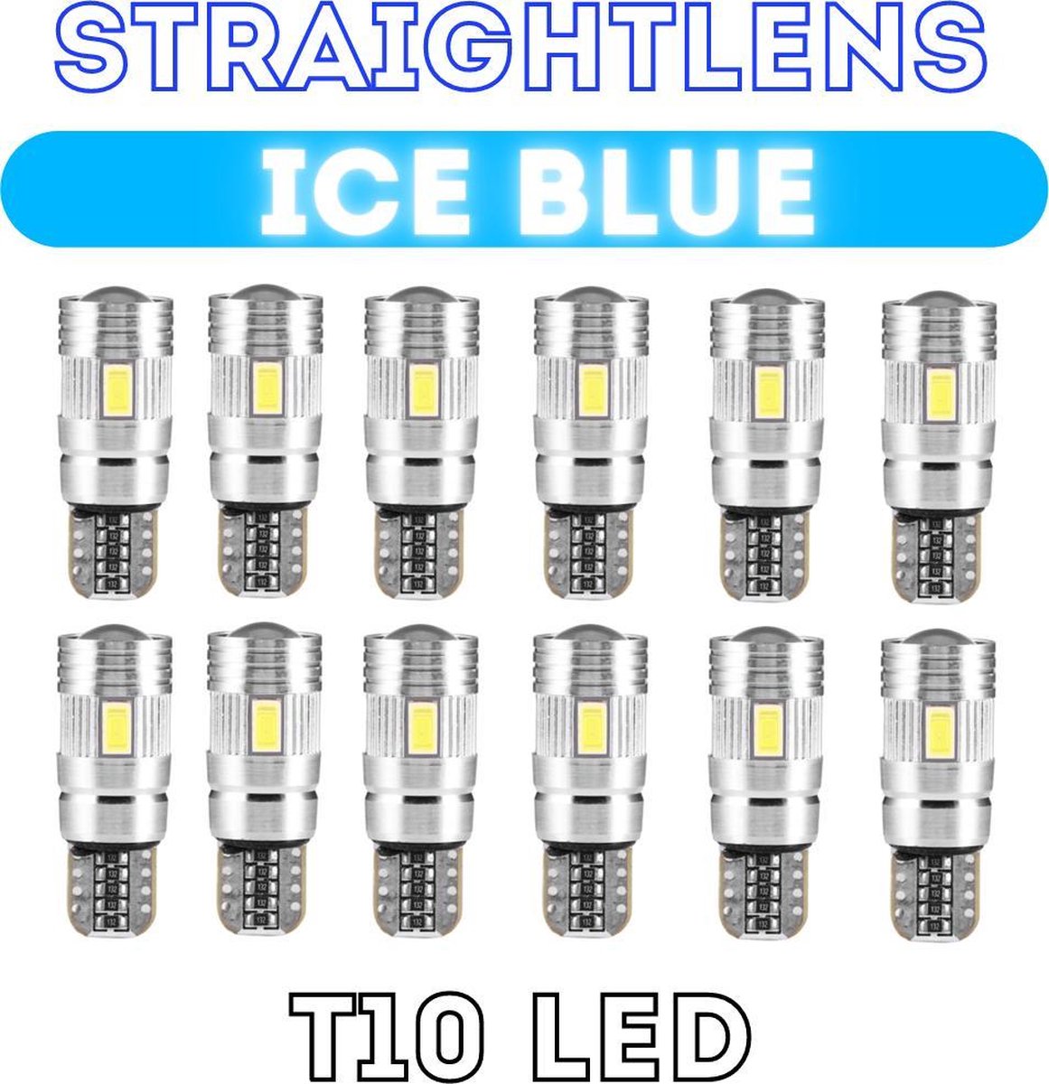 10x T10 Led Canbus HQ Ice Blue Straightlens standlicht - interieurverlichting - nummerplaatverlichting