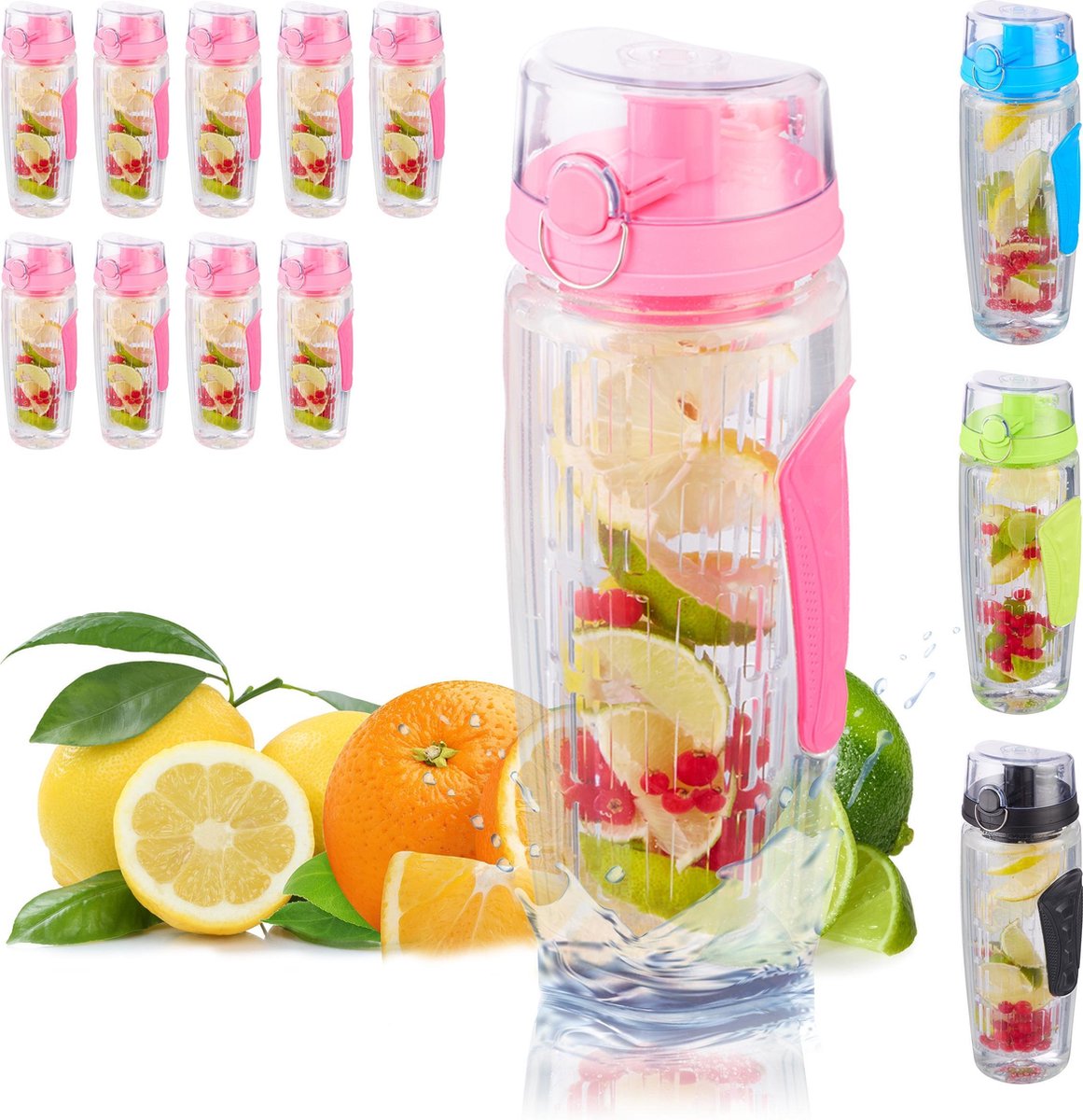 relaxdays 10 x waterfles met fruit filter - drinkbus met infuser - BPA-vrij – roze