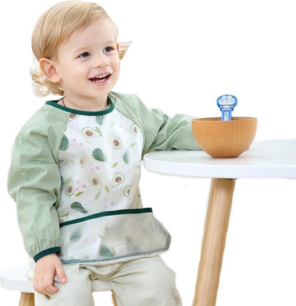 Slabbetje lange mouwen met brede opvangbak (2-4 jaar PEUTER ) - avocado - peer  - meisjes - jongens - kliedershort knutselshort