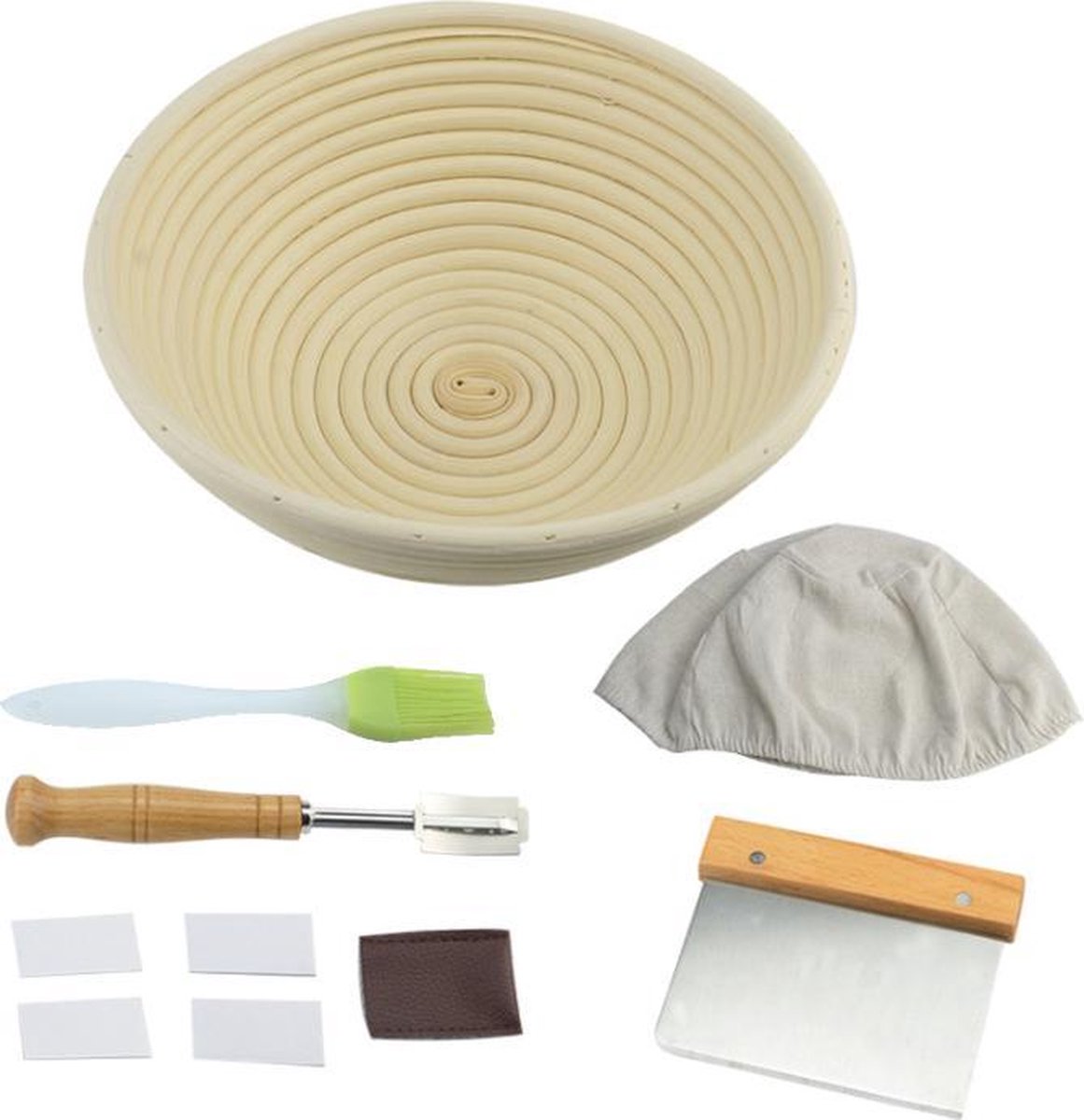 Rijsmandje set - Banneton - Complete set - Brood rijzen - Rond - Zuurdesem - Deegkrabber - Broodbijbel - Inclusief deegschraper uitneembaar linnen deegkleed broodmesje bakkwast - Rijsmand