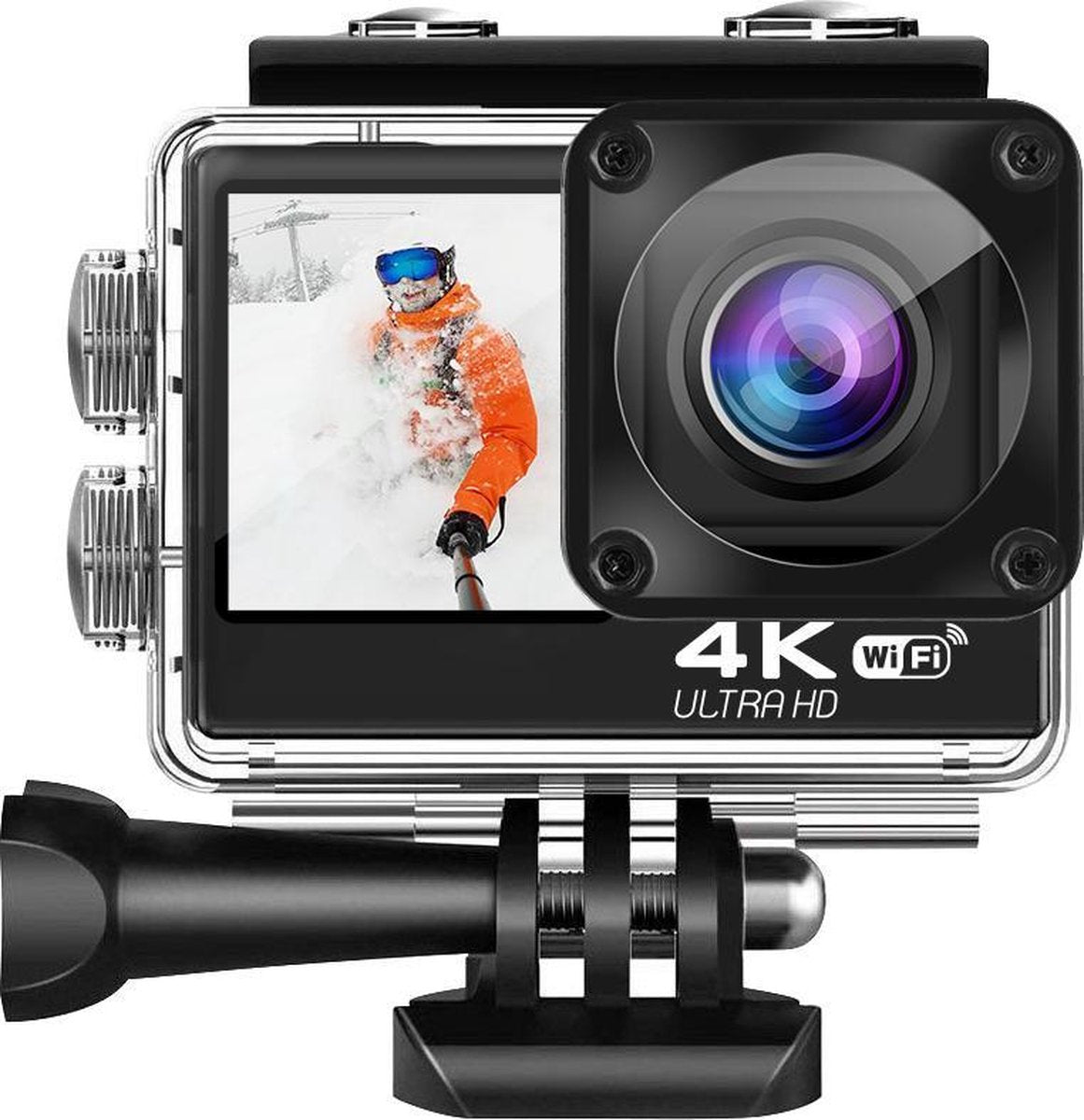 Lipa AT-Q60CR 4K Ultra HD action camera IPS Wifi /Dual Screen Touch/ action cam met mounts / Met Remote / Sony IMX sensor / 4K 60 FPS / 24 MP / 21 mounts / Elektronische beeldstabilisatie / waterproof case / Met SD-kaart 16 GB