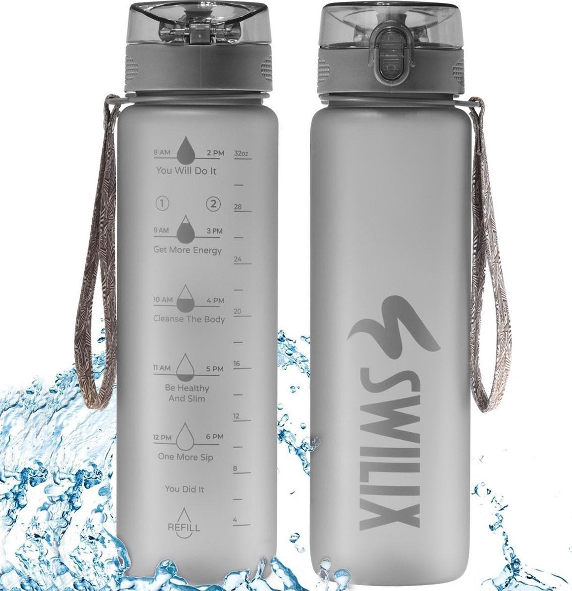 Swilix ® Drinkfles - 1 Liter - Drinkfles met Tijdmarkering - Grijs