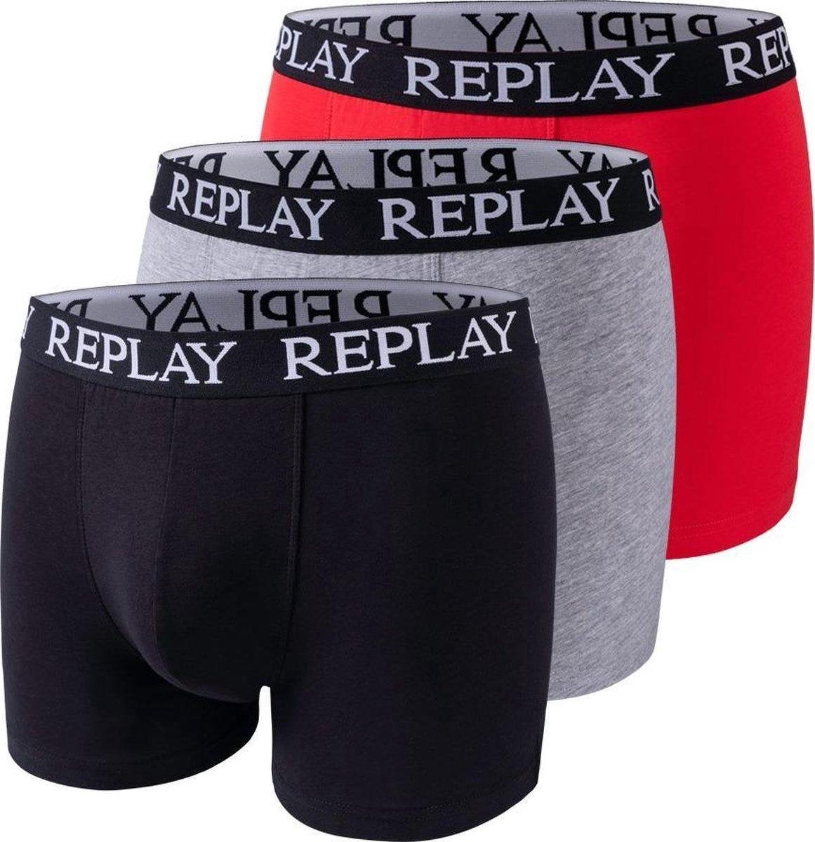 Replay - Heren Boxershort 3-Pack Basic Boxers - Rood/Grijs/Zwart - Maat S