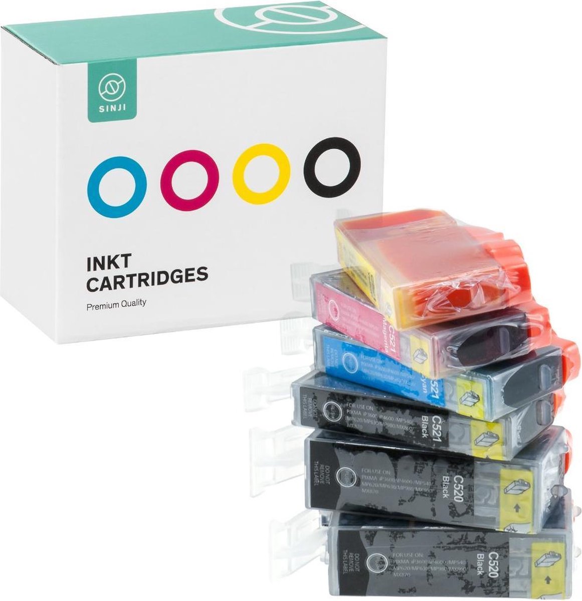 Sinji Inktcartidge voor Canon PGI-520 + CLI-521 - Zwart/Cyaan/Magenta/Geel/Groen - Hoge capaciteit