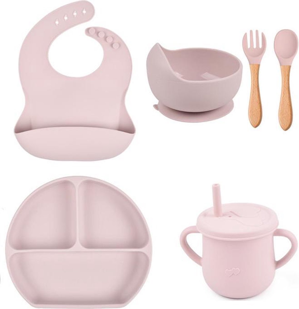 Baby Siliconen 6-delig / kinderservies voor Baby / Peuter - Uni / Jongen / Meisje  / Plaat - Kom -Slabbetje - Beker - Lepel & Vork