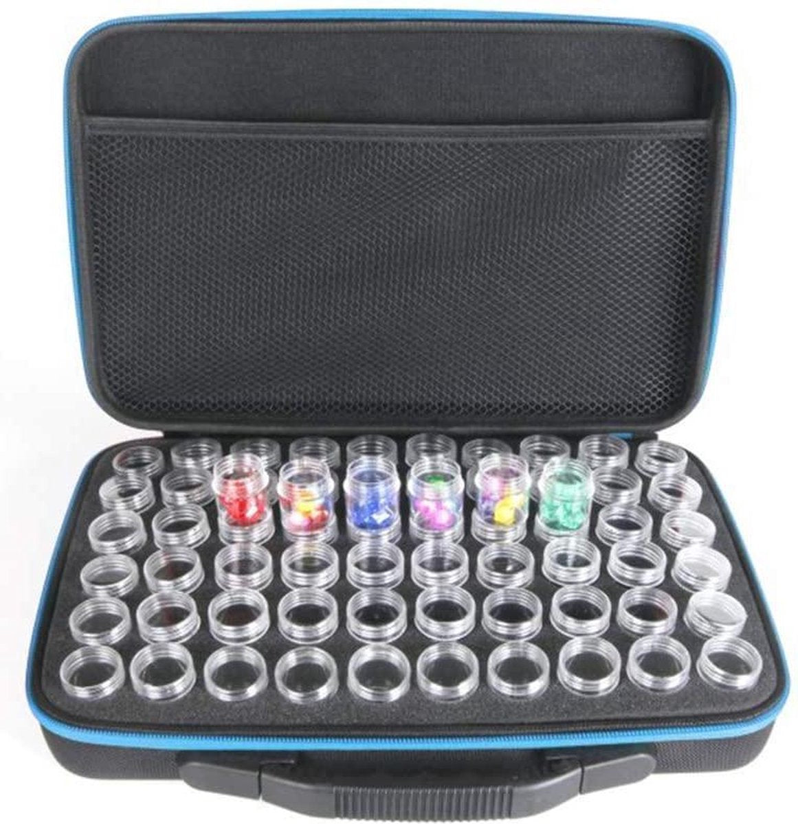 Vitamo™ Premium Diamond Painting Opbergkoffer met 60 Ruime Sorteerpotjes en Opbergvak + Gratis Stickers - Opbergdoos - Sorteerdoos - Schroefdop Potjes - Steentjes Sorteren - 32x22