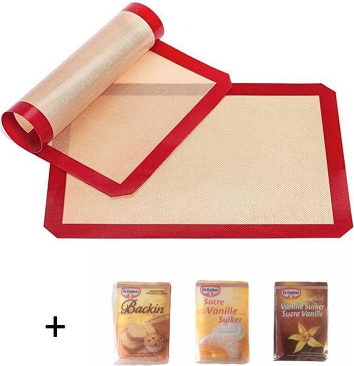 siliconen bakmat - deegmat - inclusief 3 bakproducten – 30 x 40 cm – hygiënisch en onderhoudsvriendelijk – herbruikbaar - hittebestendig tot 250°C – beige met rode rand – patisseriemat - inclusief 15 pakjes suiker en 5 pakjes bourbon
