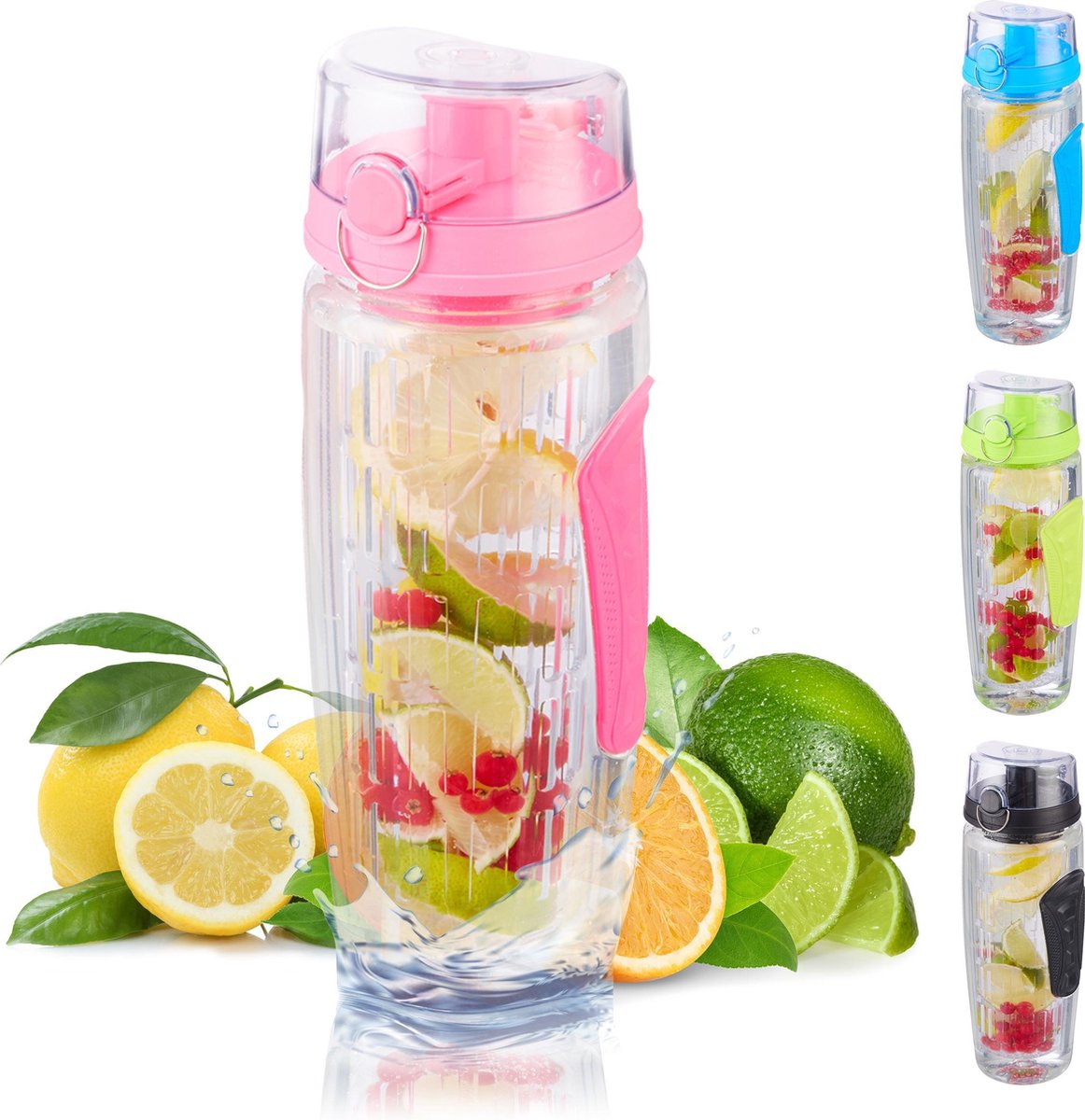 relaxdays waterfles met fruit filter - drinkbus met infuser - BPA-vrij - fruitwater roze