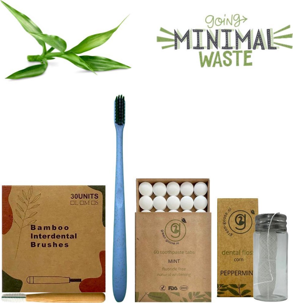 green-goose® Tandverzorgingspakket William | 60 Munt Tandpasta Tabletten | Tarwevezel Tandenborstel | Biologisch Afbreekbaar Vegan Maisvezel Flosdraad | 30 Bamboe Ragers (Type 4