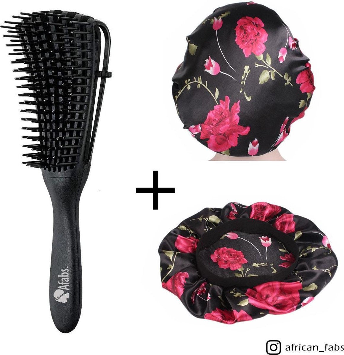 Afabs® Zwarte Anti-klit Haarborstel + Zwarte bloemen satijnen slaapmuts | Detangler brush | Detangling brush | Satin cap / Hair bonnet / Satijnen nachtmuts / Satin bonnet | Kam voor Krullen | Kroes haar borstel
