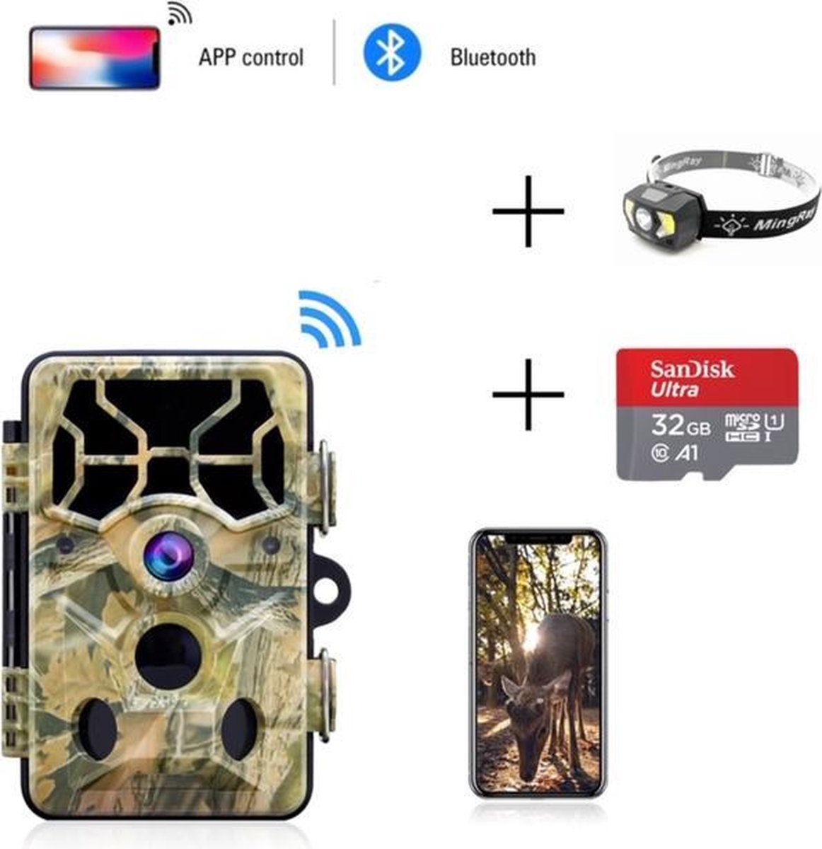 BalkaVision® Wildcamera met nachtzicht-gratis hoofdlamp en 16 GB SD kaart-Wildcamera met nachtzicht en wifi-Met Bluetooth en app voor smartphone -24 megapixel 1080P Full HD-120°kijk hoek-Nederlandstalige software-IP66 waterproof-wildcamera met sensor