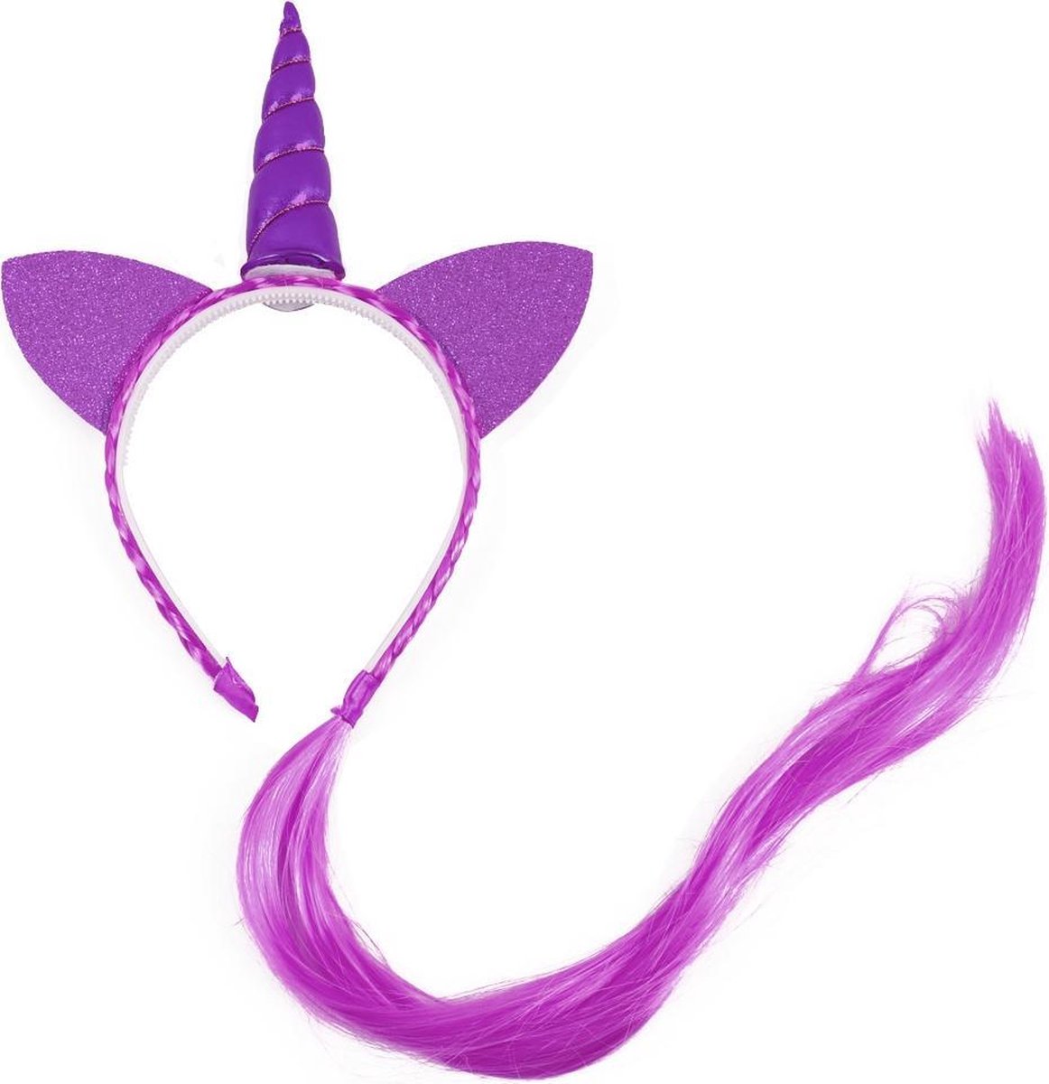 Eenhoorn haarband paars unicorn diadeem met haar en oortjes - hoorn haar glitter vlecht extensions festival