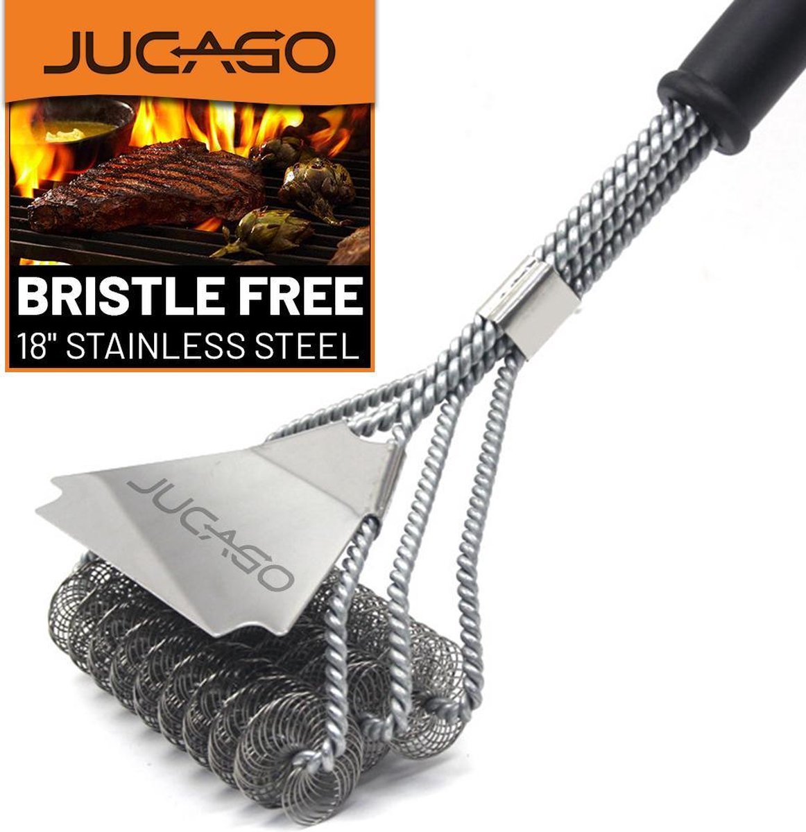 JUCAGO Premium RVS BBQ Borstel - Borstel met Schraper - BBQ Reiniger - Barbecue Borstel - BBQ Brush - BBQ Schoonmaakborstel - 2 in 1 - BBQ - Reinigingsborstel – Rooster Reiniger – Staalborstel - Vrij van Haren - Extra Sterk
