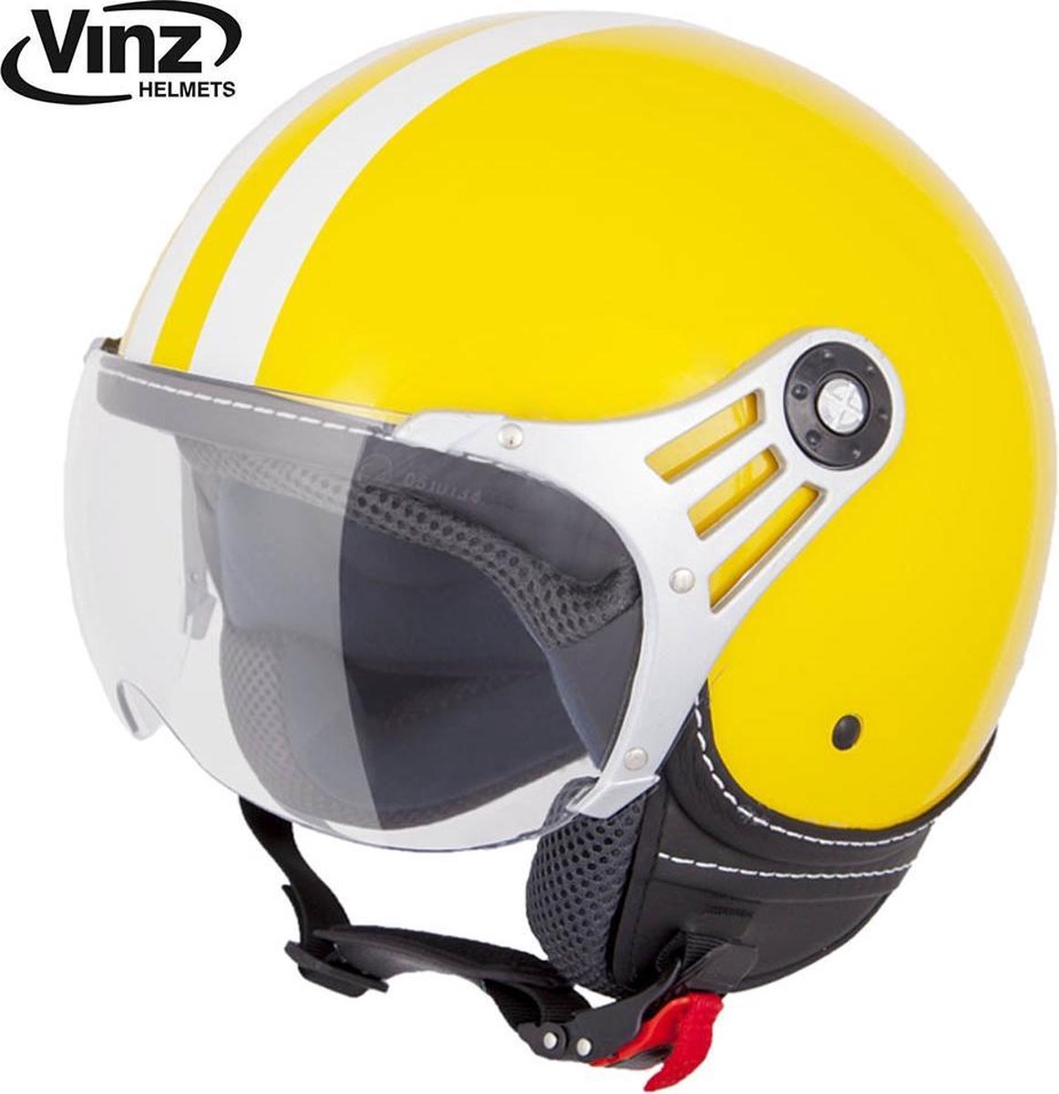Vinz Fiori Jethelm Geel met Witte Strepen / Scooterhelm / Brommerhelm / Motorhelm / Fashionhelm voor Scooter / Vespa / Brommer / Motor