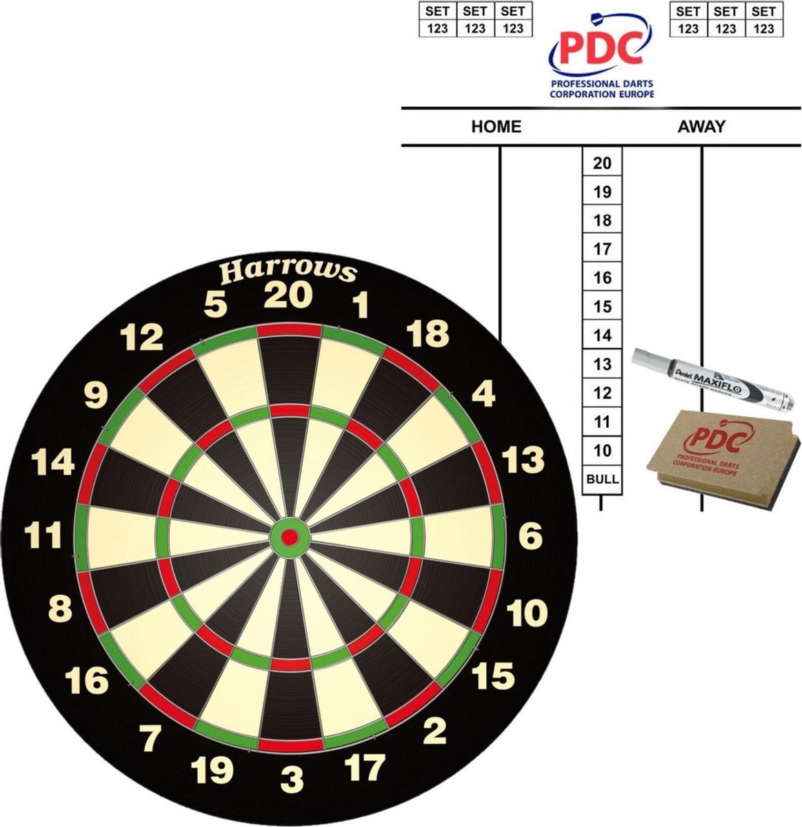 Dartbord Harrows set compleet van diameter 45 cm met 6 dartpijlen en een scorebord set + marker en wisser