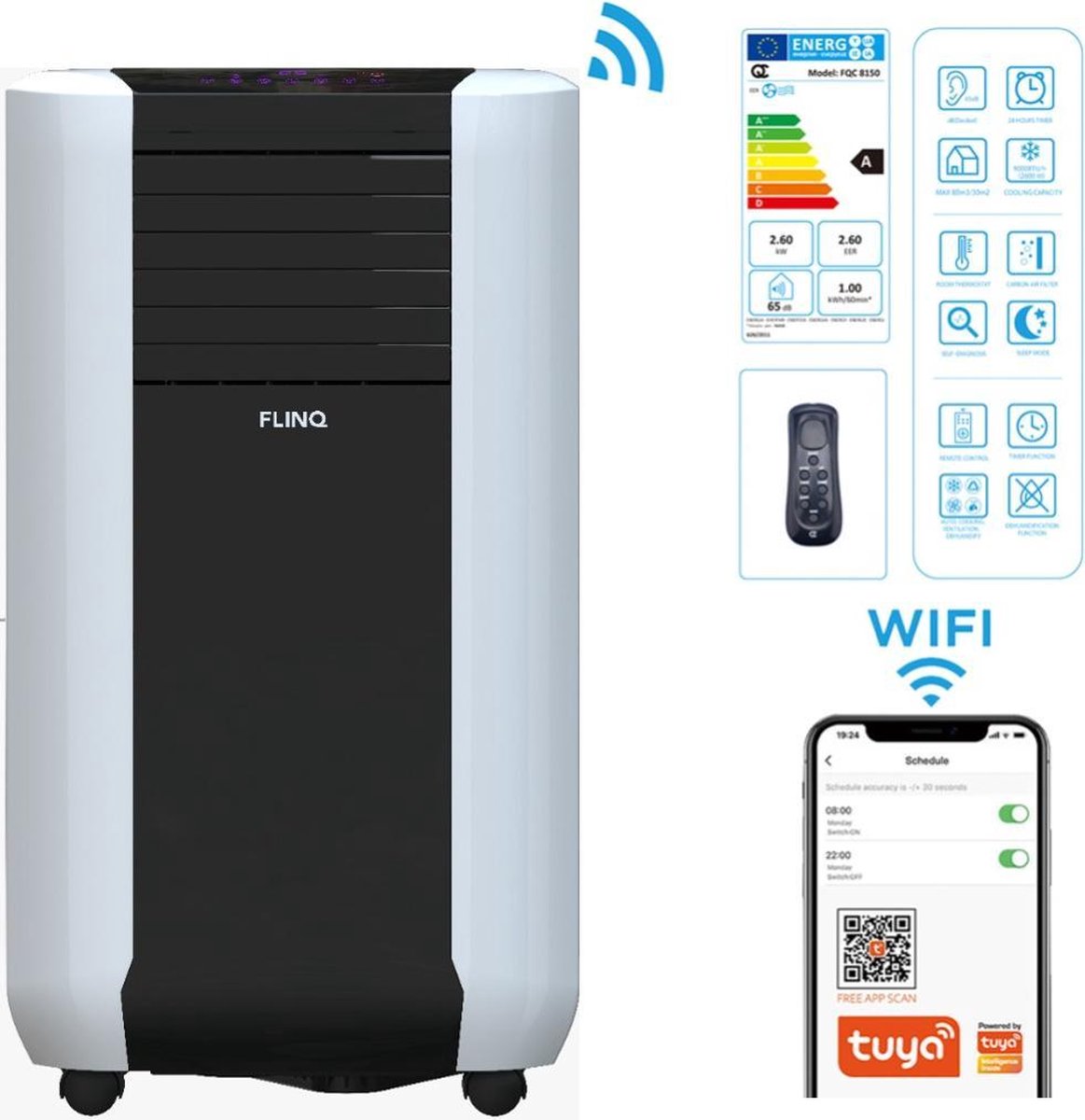 FlinQ Slimme Mobiele Airco 15000 BTU - Bestuurbaar via app - Koelt tot 60m2 - Stille slaapmodus - Amazon Alexa & Google Spraakbesturing