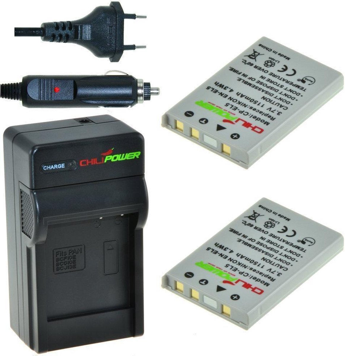 ChiliPower 2 x EN-EL5 accu's voor Nikon - Charger Kit + car-charger - UK versie