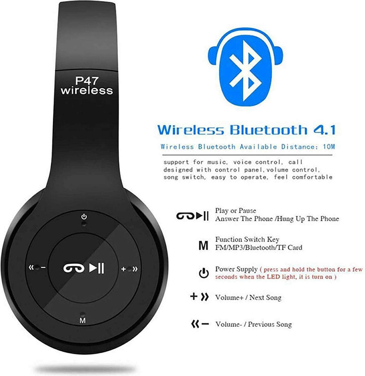 ZORIX®-P47 draadloze stereo hoofdtelefoon 
