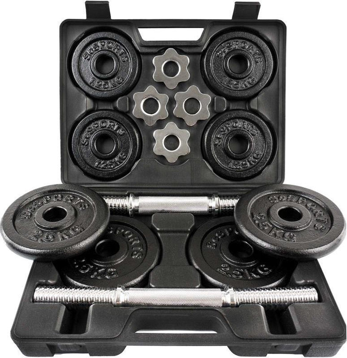 ScSPORTS® 20 kg Halterset -  Dumbbell Set met koffer - korte halterstangen - Gietijzer - Gewichten