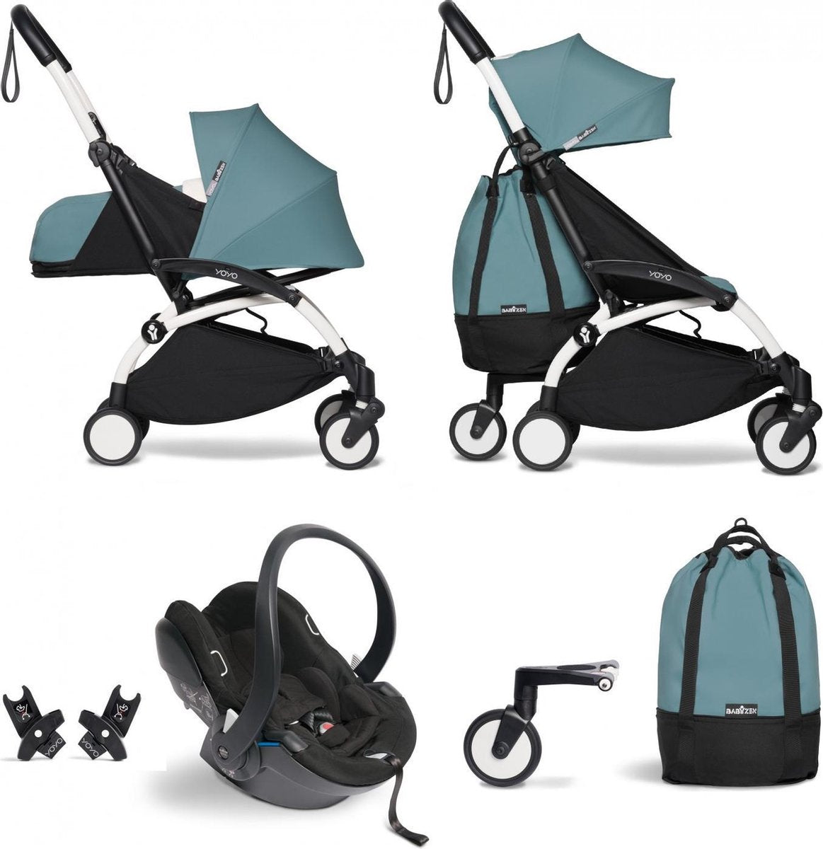 Babyzen YOYO² buggy COMPLEET vanaf de geboorte inclusief YOYO² BeSafe autostoel zwart  en YOYO Bag -  aqua met frame wit