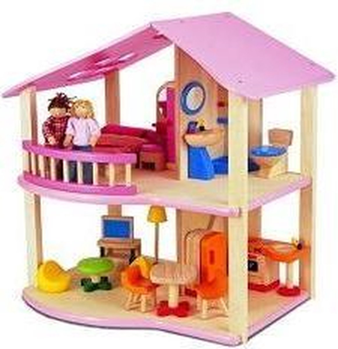 Pintoy My First Home Houten Poppenhuis Roze + Inrichting + 2 Popjes