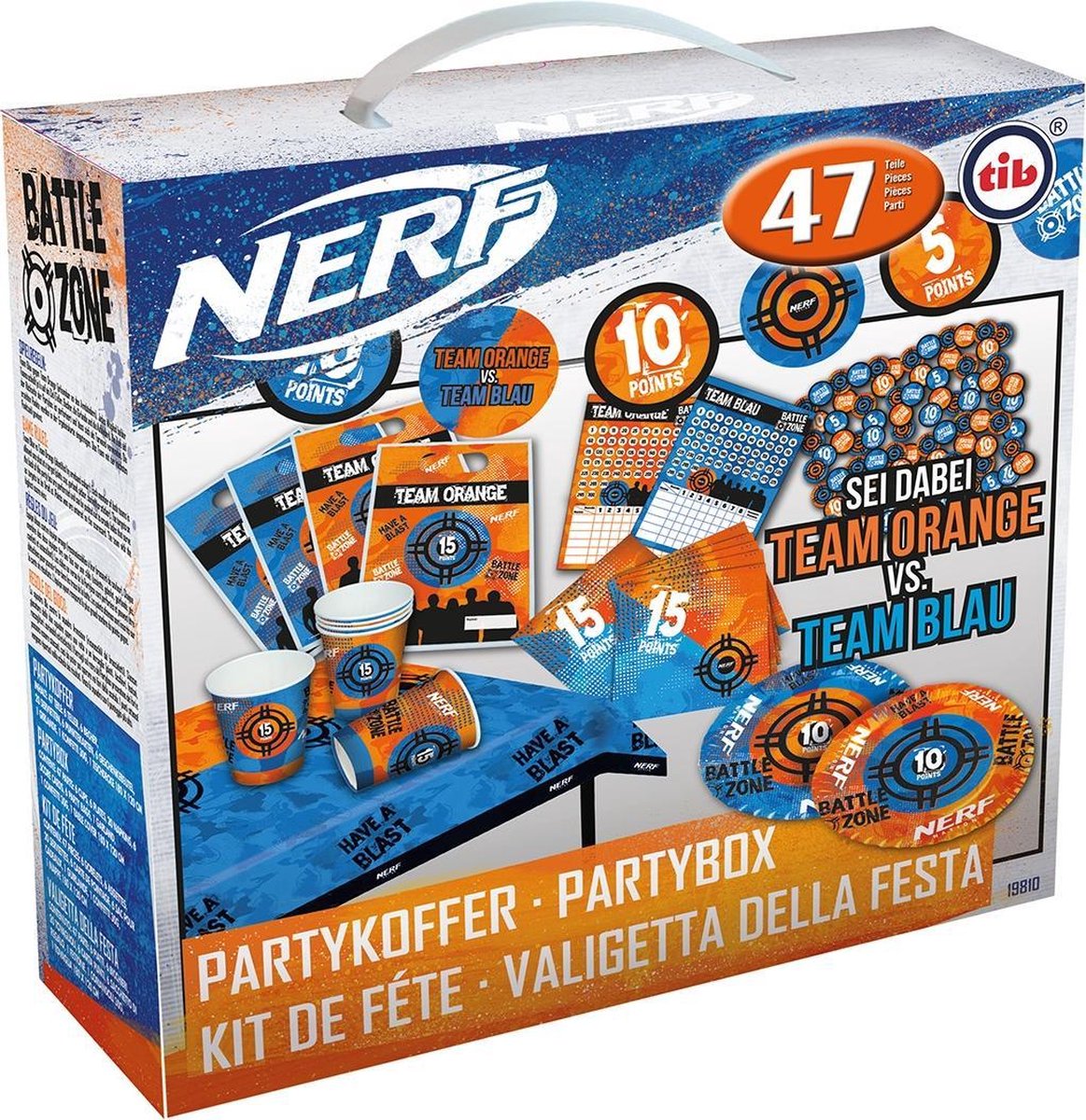 Tib Feestpakket Nerf Spel Jongens Papier Blauw/oranje 47-delig