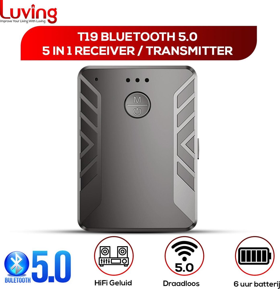 Luving - T19 - 5.0 Bluetooth 2 in 1 Receiver & Transmitter - Draadloze Adapter -  Bluetooth Ontvanger & Zender- Handsfree Bellen