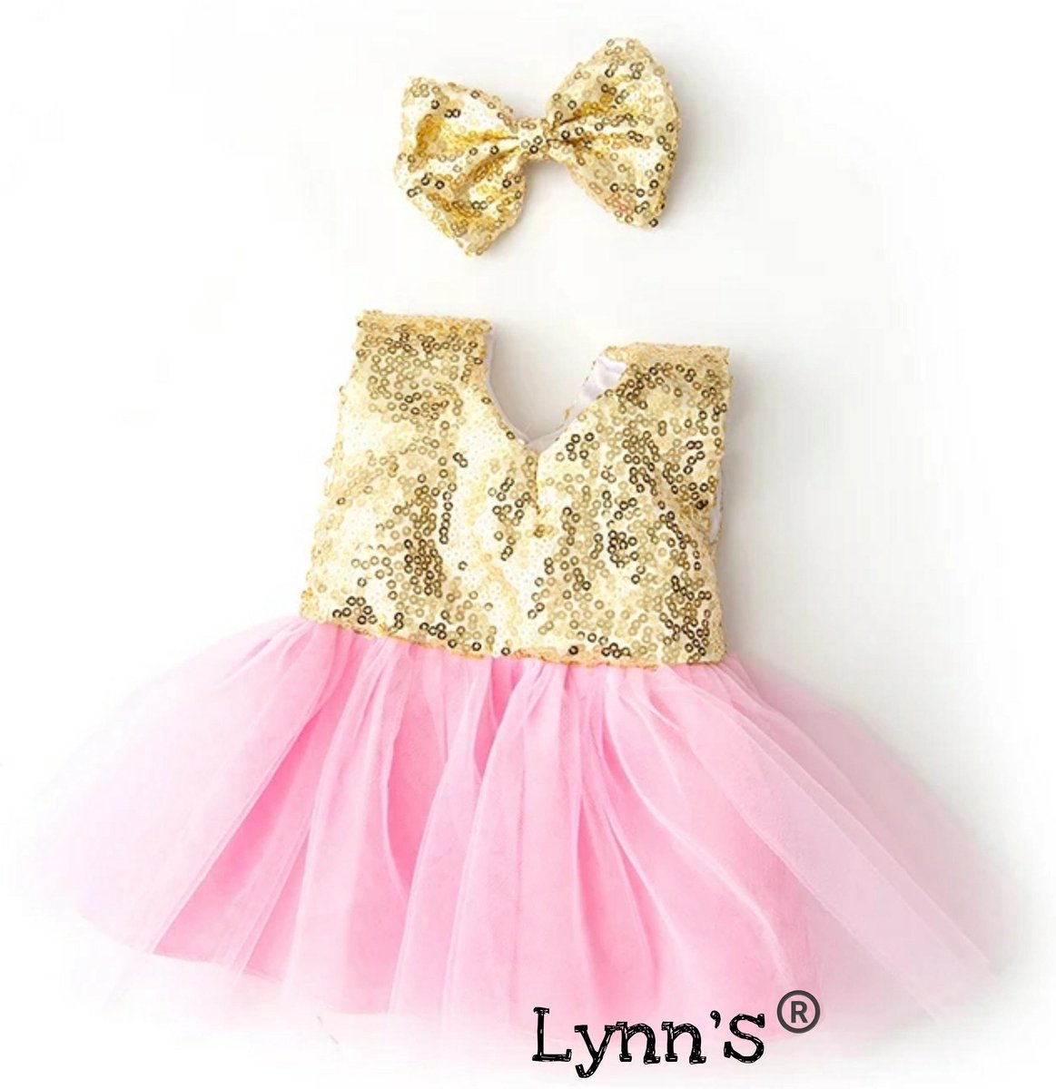 Poppenkleertjes - Geschikt voor poppen tot 43cm - Gouden glitter jurk met roze tutu en haarclipje - Ballerina outfit - Feestjurk