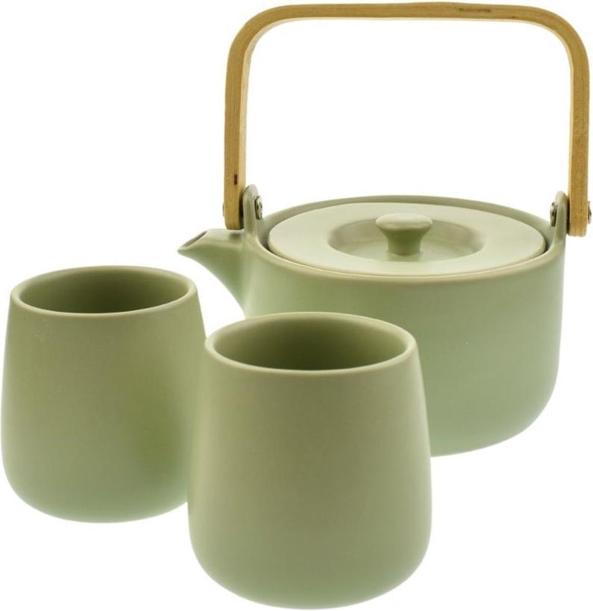 Orange85 Theepot Mint - 50cl - Met 2 kopjes - Bamboe Handvat - Aardewerk - Mintgroen