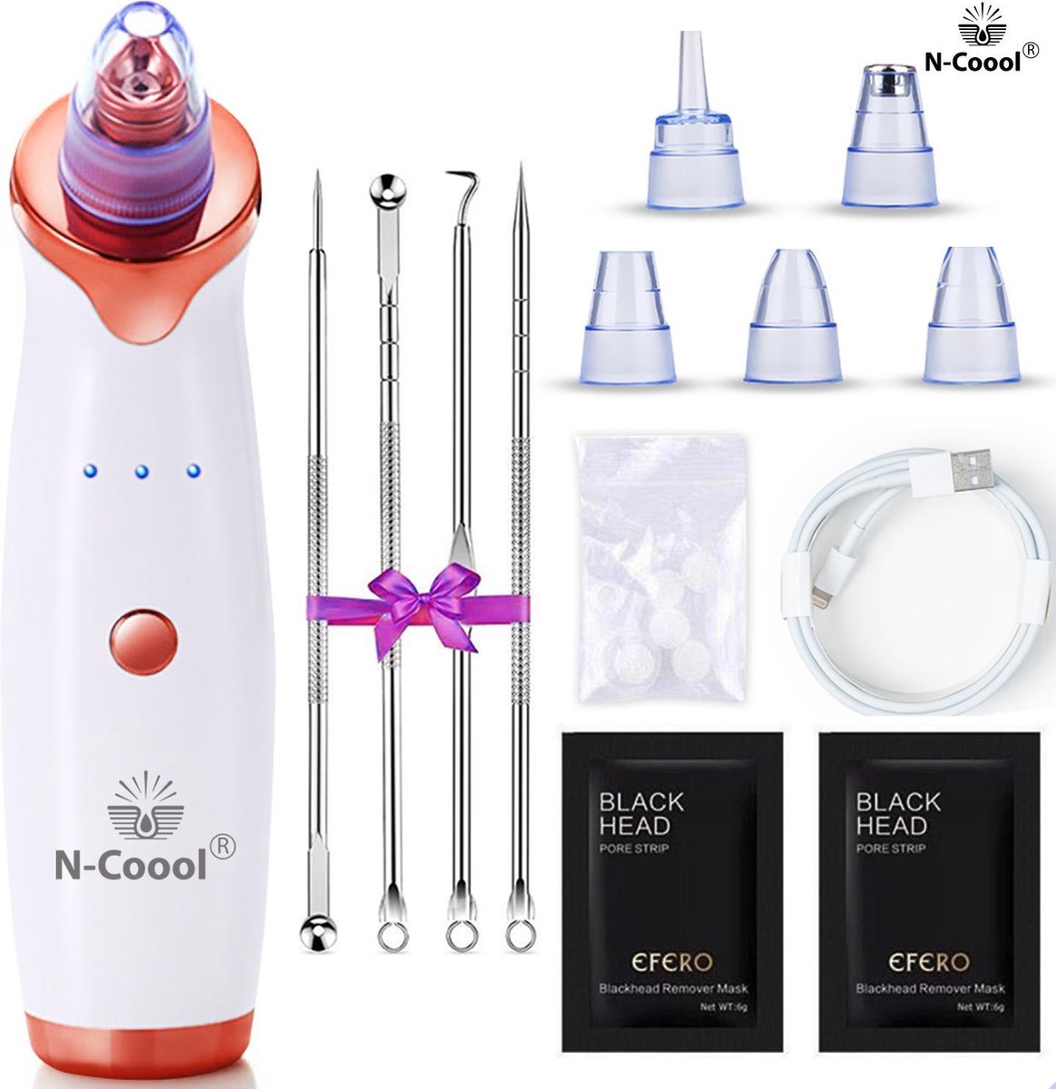 BeautyPlace Blackhead Remover - mee eters verwijderen - poriënreinigers - Gezichtsreiniger - Blackhead Remover vacuüm - Incl.5 Opzetstukken 2xGratis blackhead masker -4xComedondrukker & usb oplaadkabel