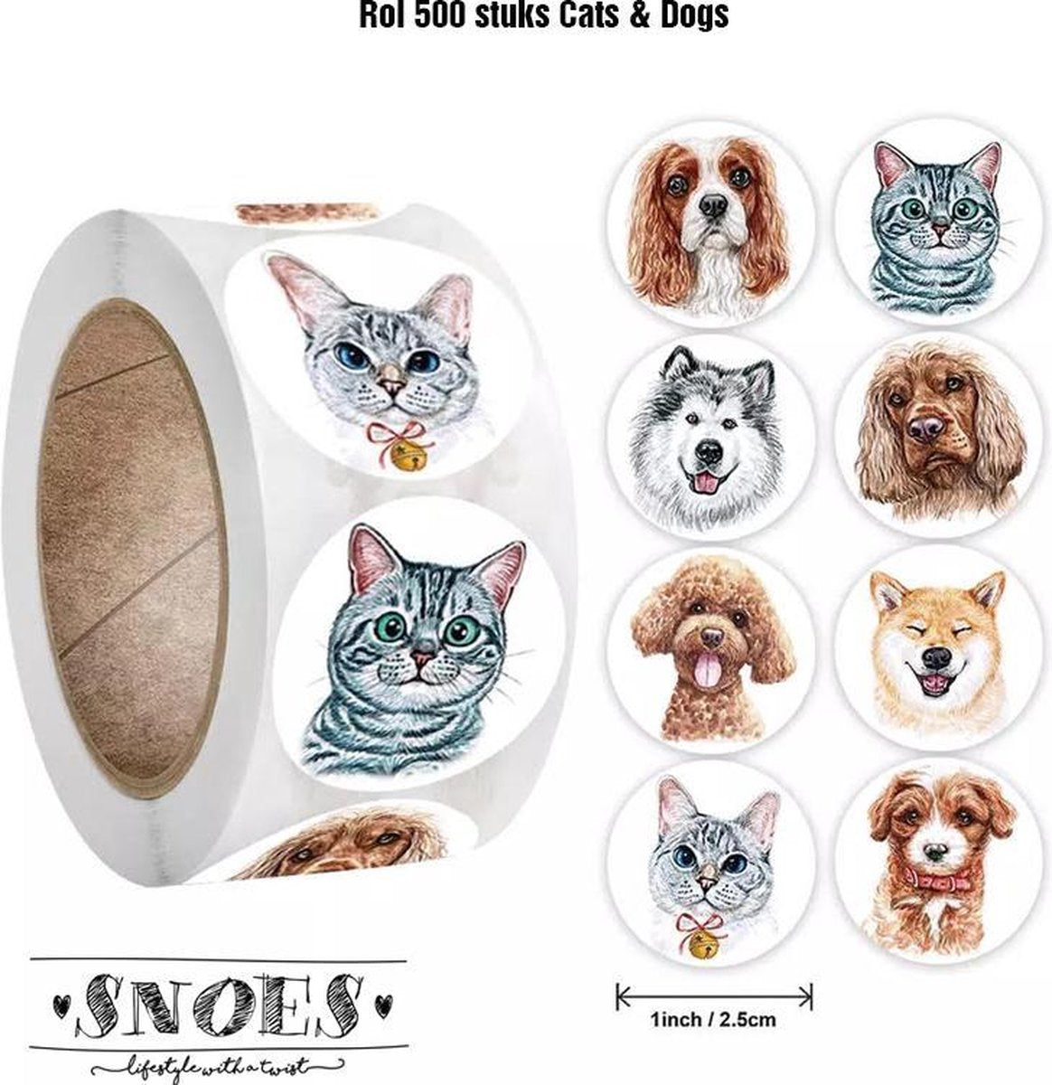 Snoes - sluitstickers 500 stuks - stickerrol - katten en hondjes diverse dieren stickers - beloningsstickers - stickers voor kinderen - schoolspullen - onderwijs - stickervellen - peuters - kleuters - Cats & Dogs sticker - cadeau - kado - inpakken