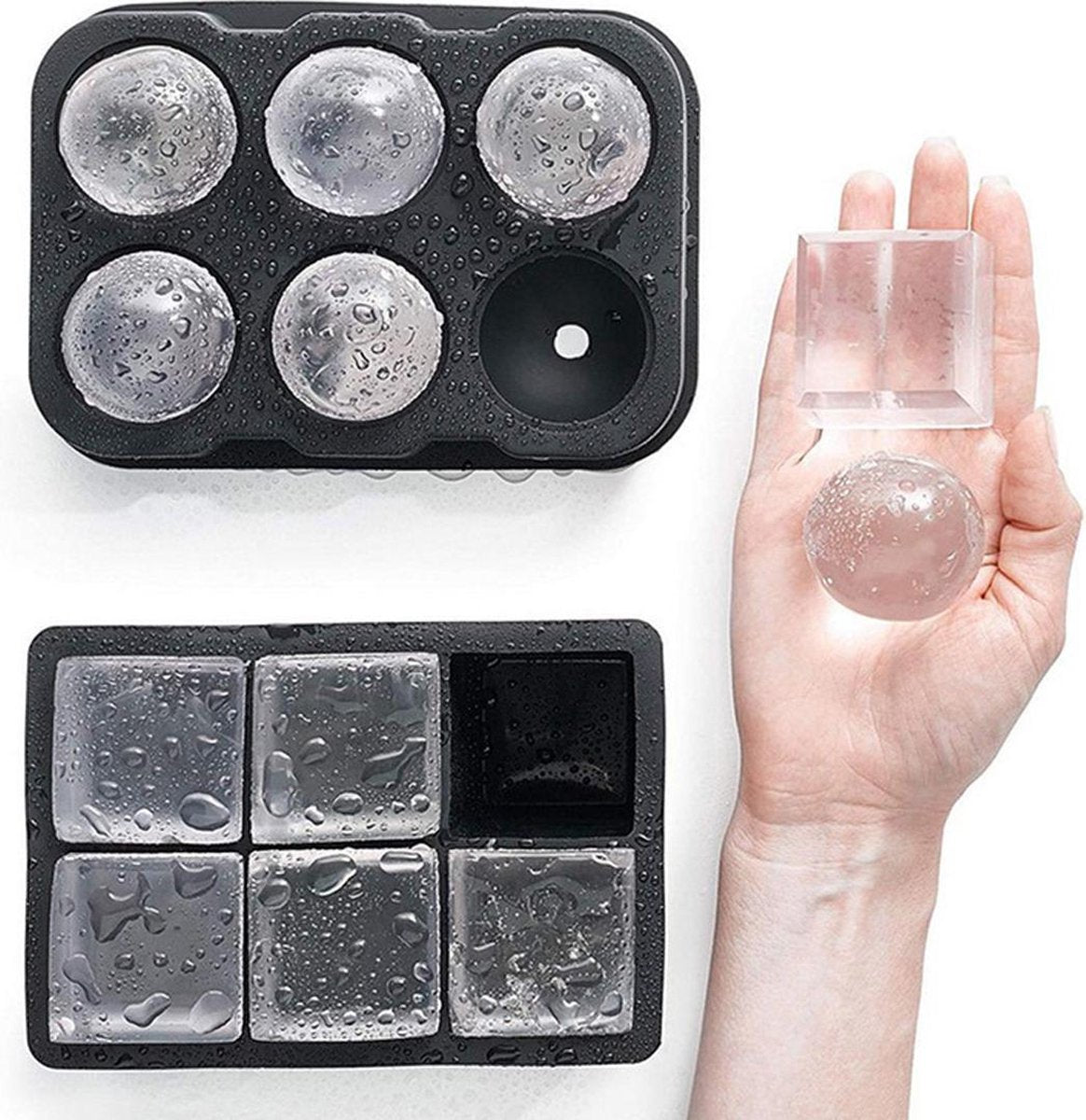 IJsblokjesvorm - Luxe IJsblokvormen en IJsballenvormen - Duo Set - 6 Grote Ronde IJsballen en 6 IJsblokken - Ice Cube Tray - Whiskey Bal Kubus IJsvormpjes – IJsblokjes vorm met Deksel - Siliconen - Zwart