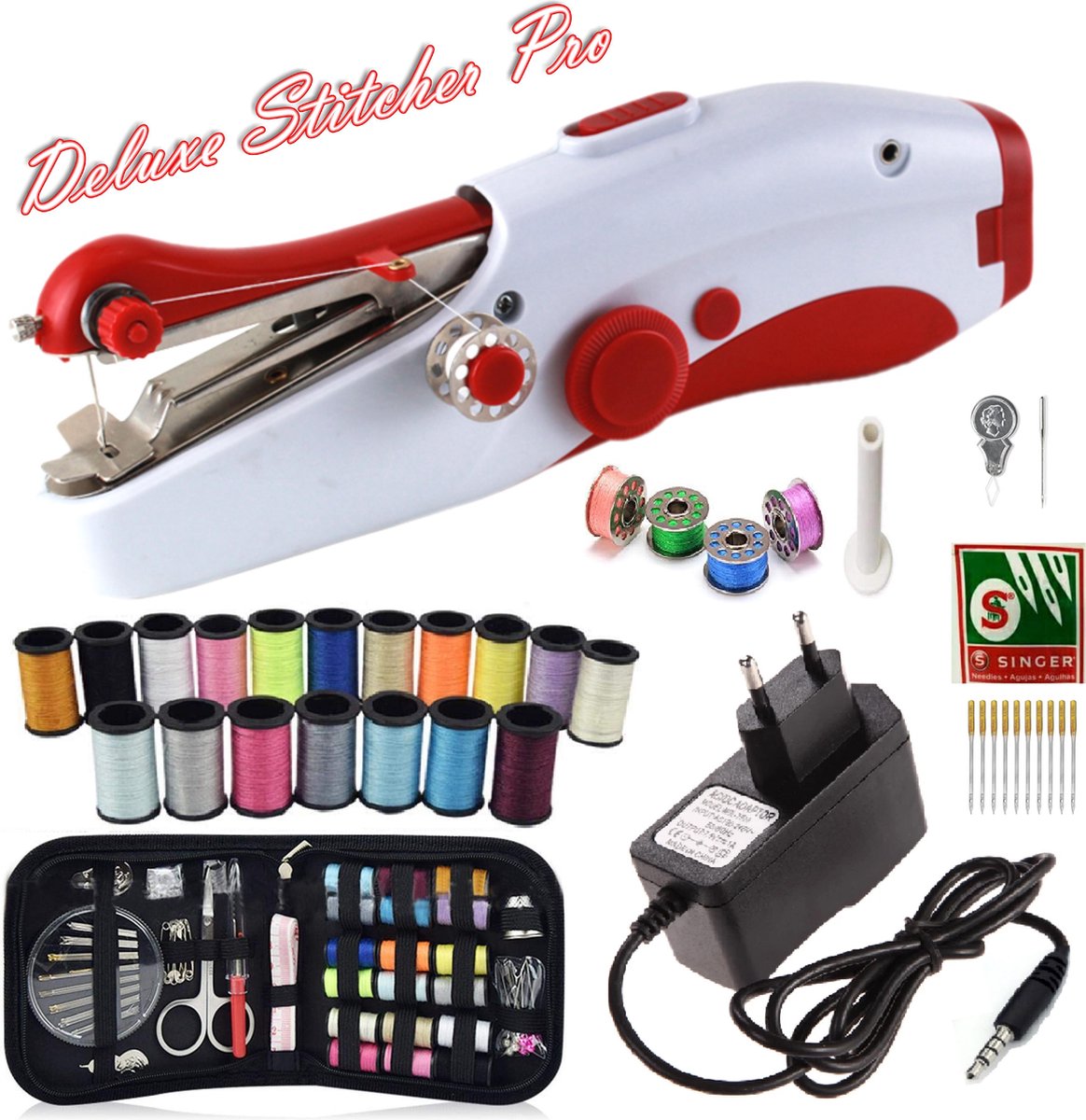 Deluxe Stitcher Pro - PREMIUM Handnaaimachine met Adapter en 90 Delige Starterskit - Incl. 11 extra reserve naalden - Mini naaimachine - Compact - Draadloos - Draagbare Reis Hand Naaimachine - Elektrisch of op Batterijen