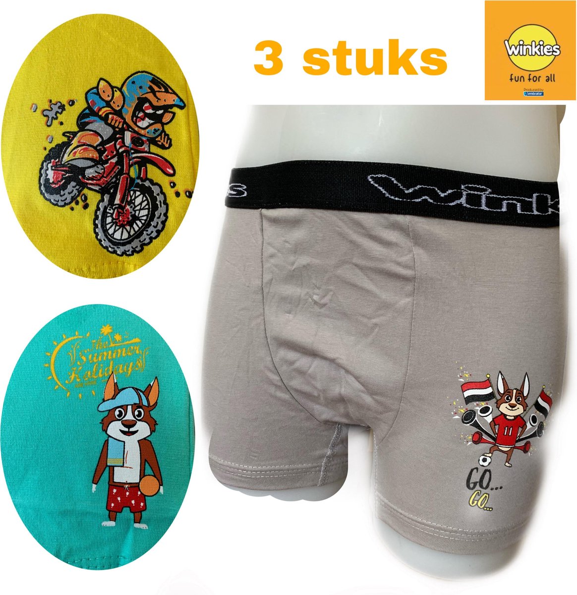 Embrator 3-pack jongens Boxershort met print grijs/geel/zeegroen 134/140