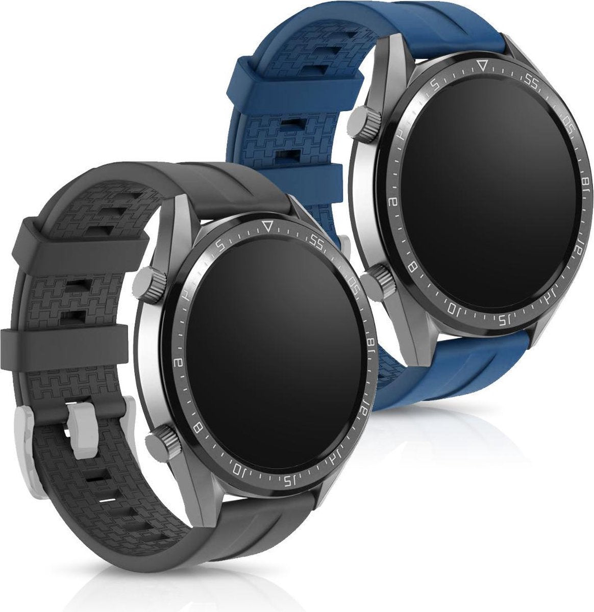 kwmobile 2x horlogeband voor Huawei Watch GT (46mm) - siliconen band voor fitnesstracker - zwart / donkerblauw