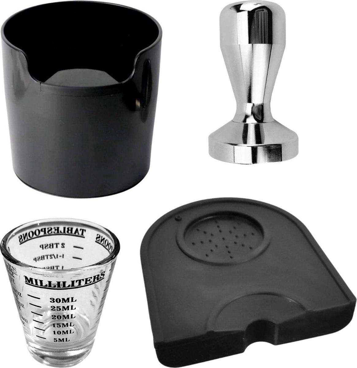 Barista espresso budget set - barista set - barista tools - barista-accessoires - thuis barista - thuisbarista - espresso shotglas - tamper - tamper mat - uitklopbak