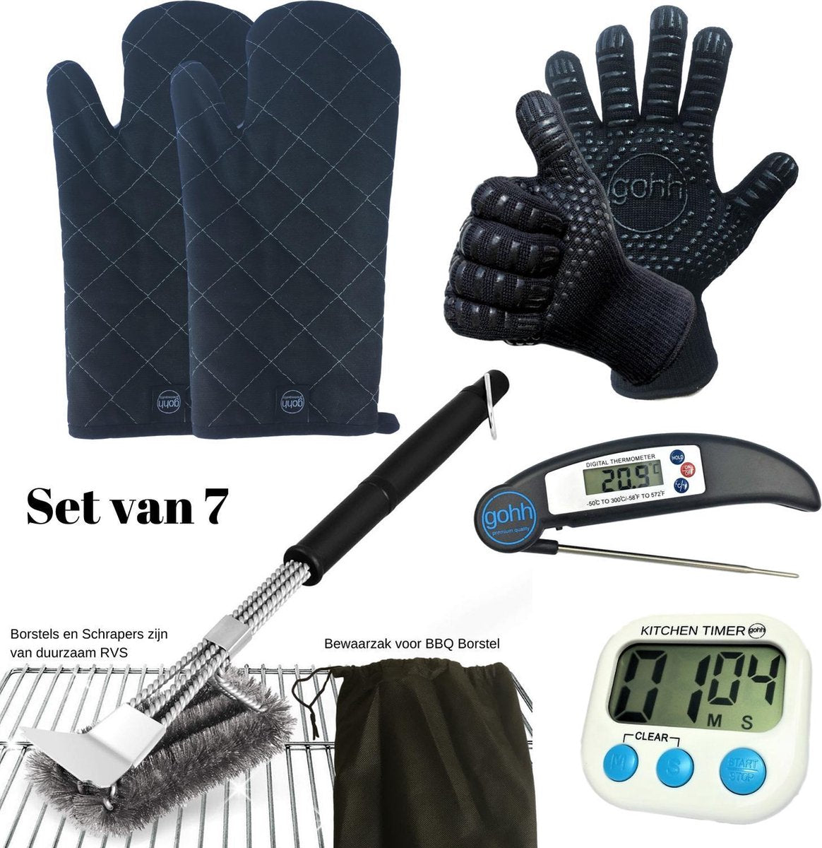 Gohh® 2 BBQ Handschoenen (Kevlar-Aramide) en 2 Canvas Ovenwanten