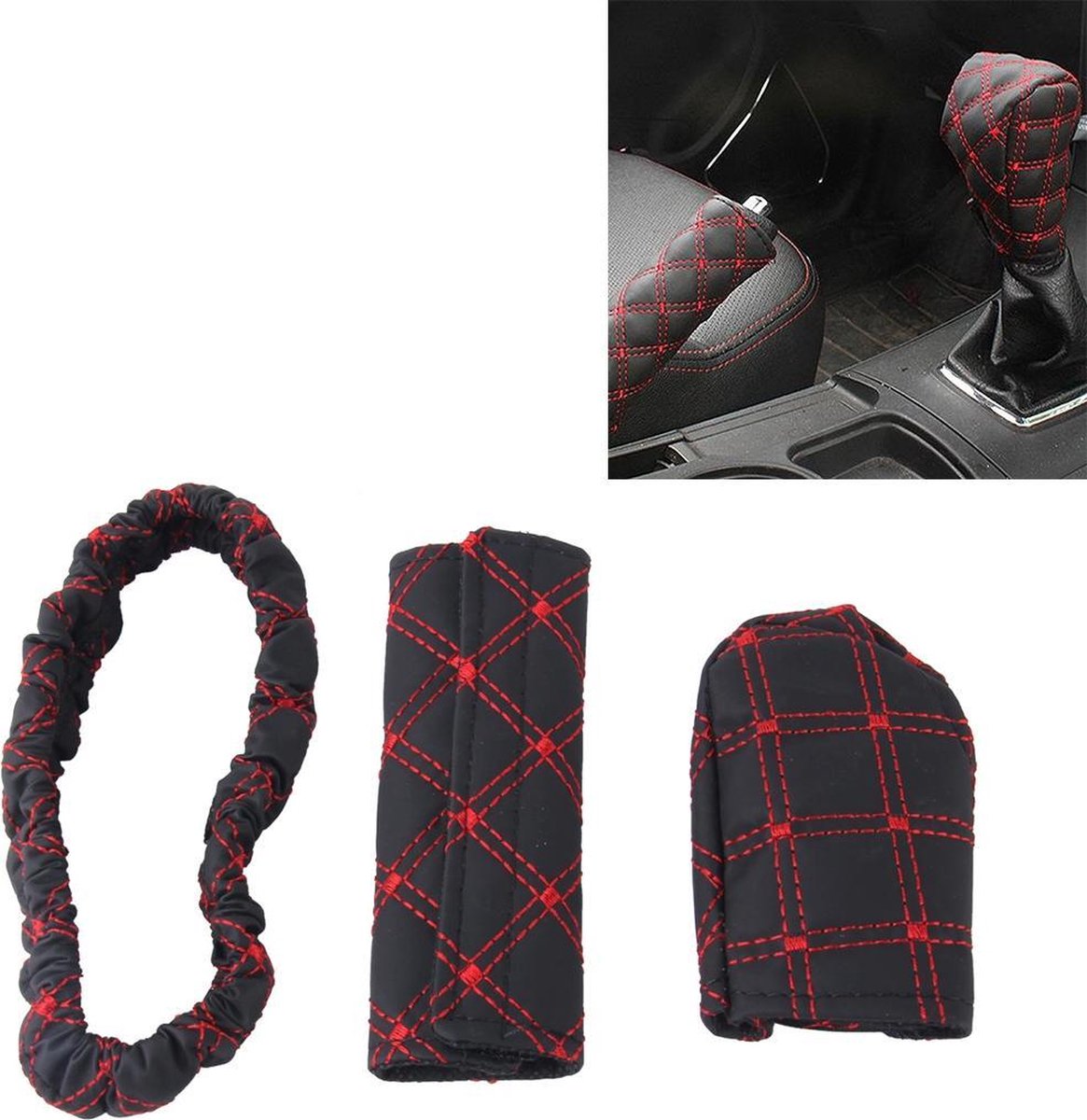 3 STKS Auto Handrem Cover Pookknop Pookstick Kussen Sets Achteruitkijkspiegel Sets Cover Auto Accessoire Interieur Decoratie Pad (rood)