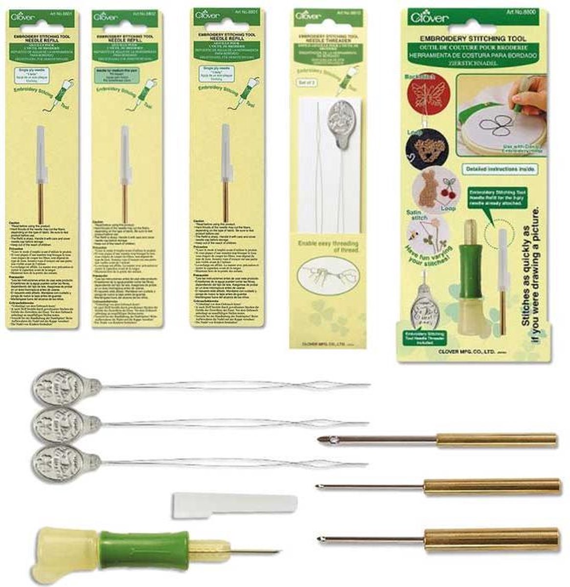 Complete Set Clover Punch Naalden met Nederlandstalige instructies van Studio Koeoek. Embroidery Stitching Tool met alle navulnaalden en extra draaddoorhalers. Voor punchen met 1 draadje