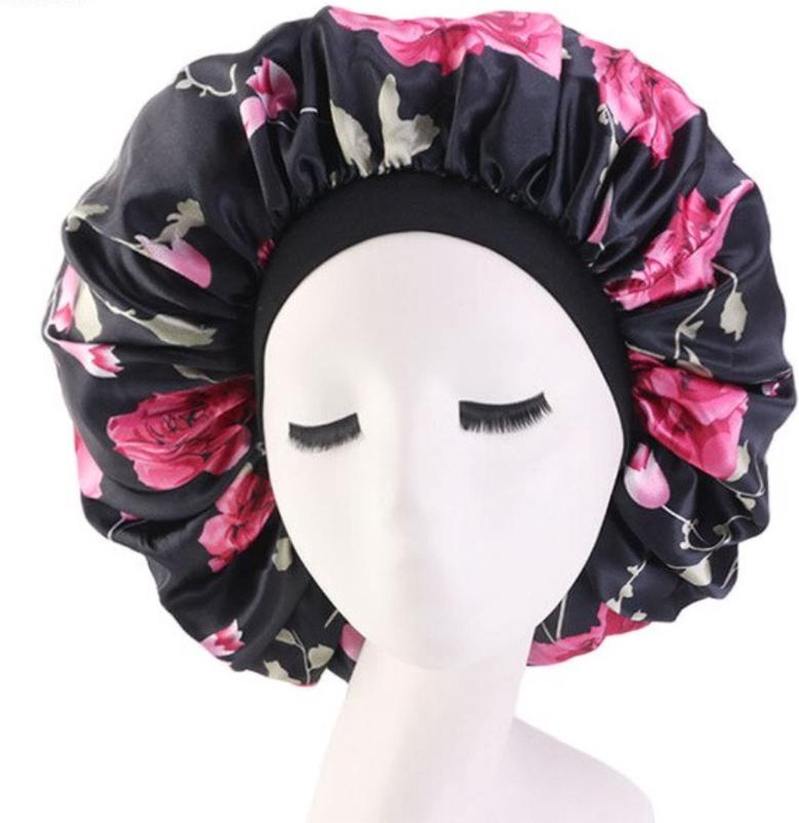 Cabantis Bonnet Satijn - Polyester XXL|Slaapmuts Satijn|Hoofddeksel|Unisex|Zwart-Roze-Bloemen