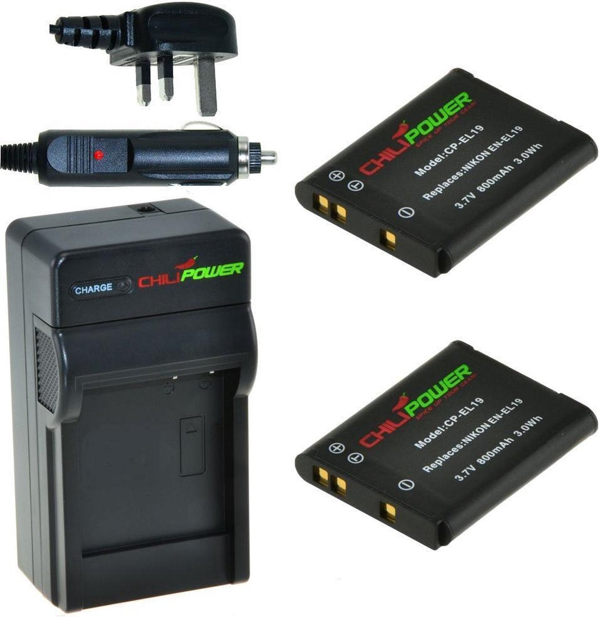 ChiliPower 2 x EN-EL19 accu's voor Nikon - Charger Kit + car-charger - UK versie