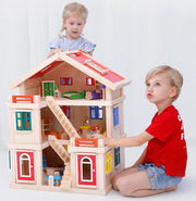Onshine - Houten poppenhuis met 3 verdiepingen. Inclusief poppen
