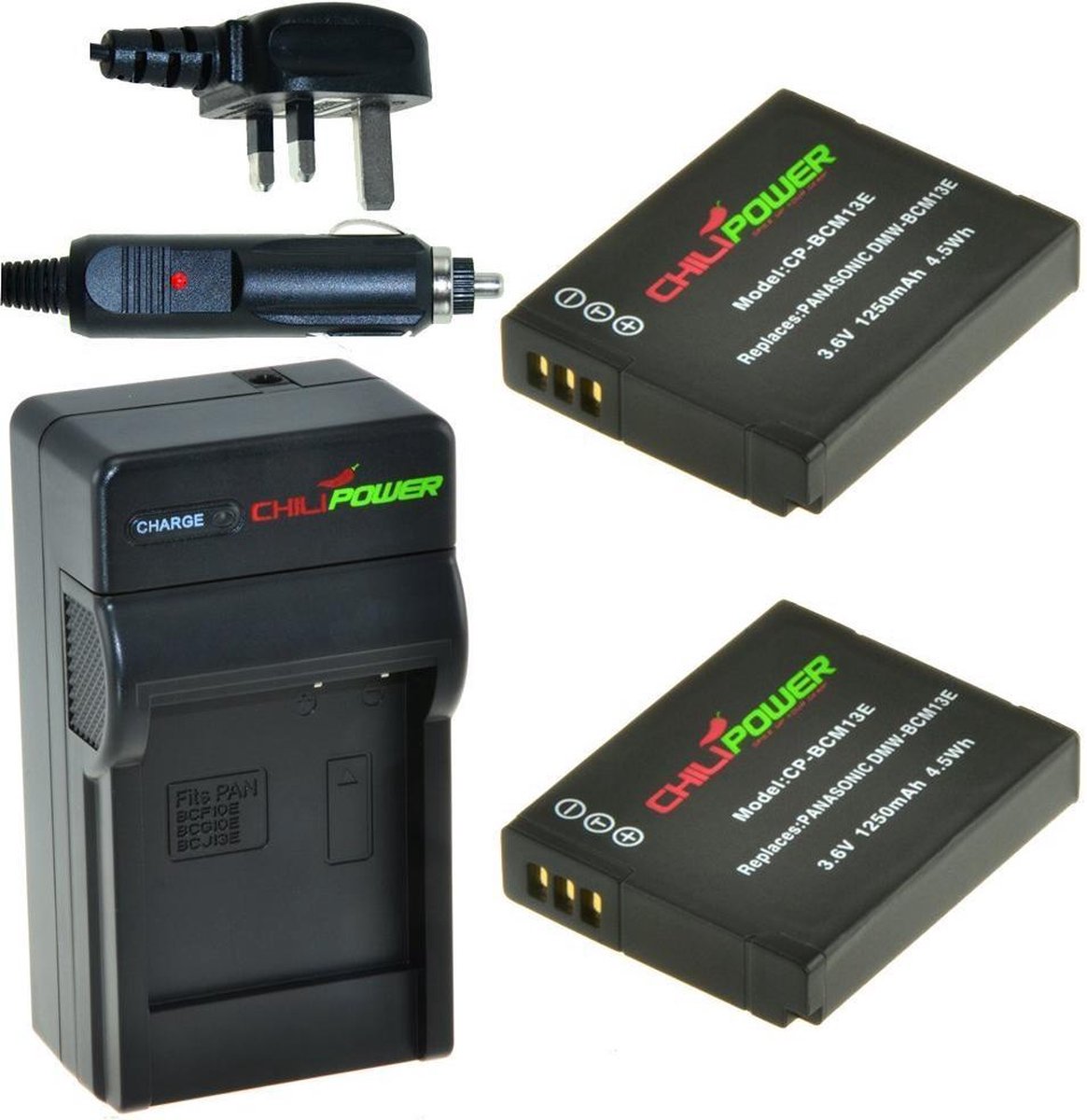 ChiliPower 2 x DMW-BCM13 accu's voor Panasonic - Charger Kit + car-charger - UK versie