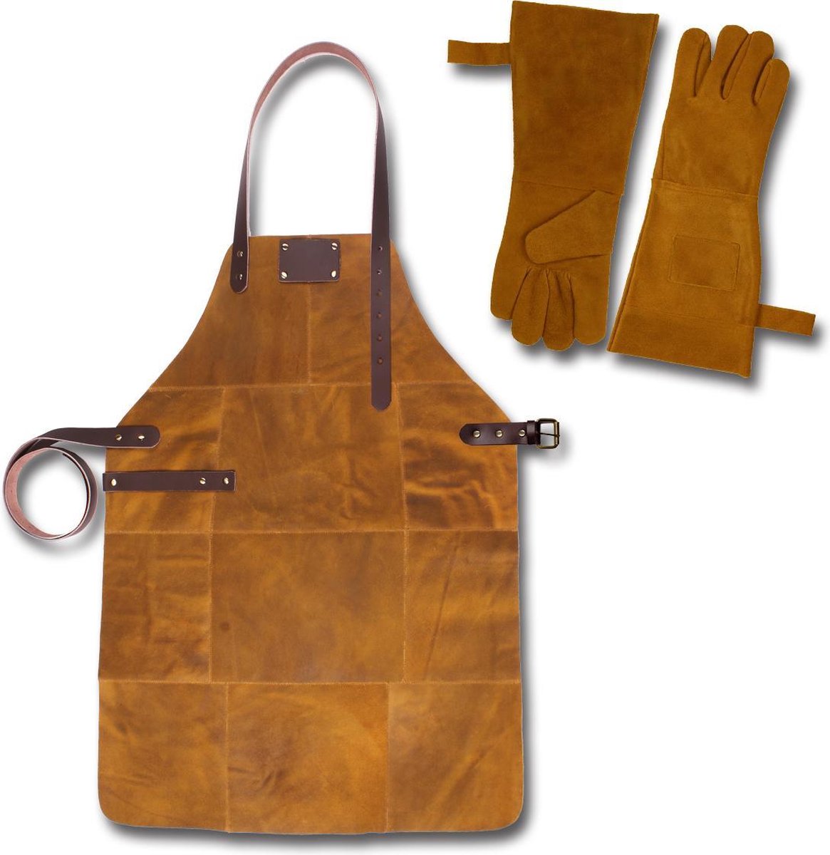 Leren Schort + Leren Handschoenen - Lederen Schort – Ochre Vintage - Kokschort - BBQ Schort - Kookschort - Vaderdag - 81 cm x 56 cm Inclusief Handschoenen voor de Barbecue