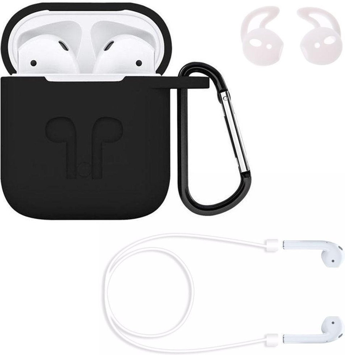 KELERINO. Hoesje voor Airpods 1 / 2 - 3 in 1 set (Case voor Airpods + strap + earhoox) - Zwart