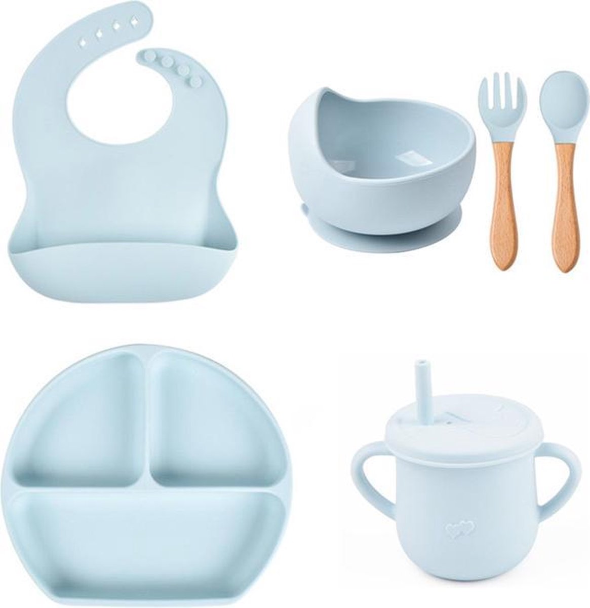 Baby Siliconen 6-delig / kinderservies voor Baby / Peuter - Uni / Jongen / Meisje / Plaat - Kom -Slabbetje - Beker - Lepel & Vork